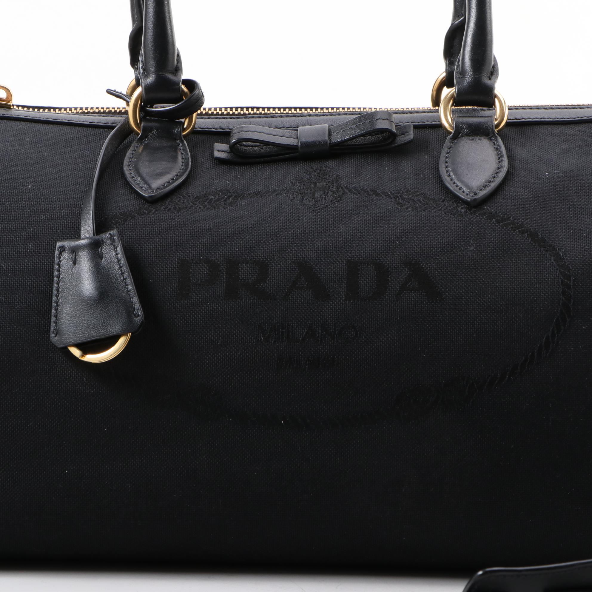 Prada Black Logo Canapa Canvas and Leather Two-Way Bag