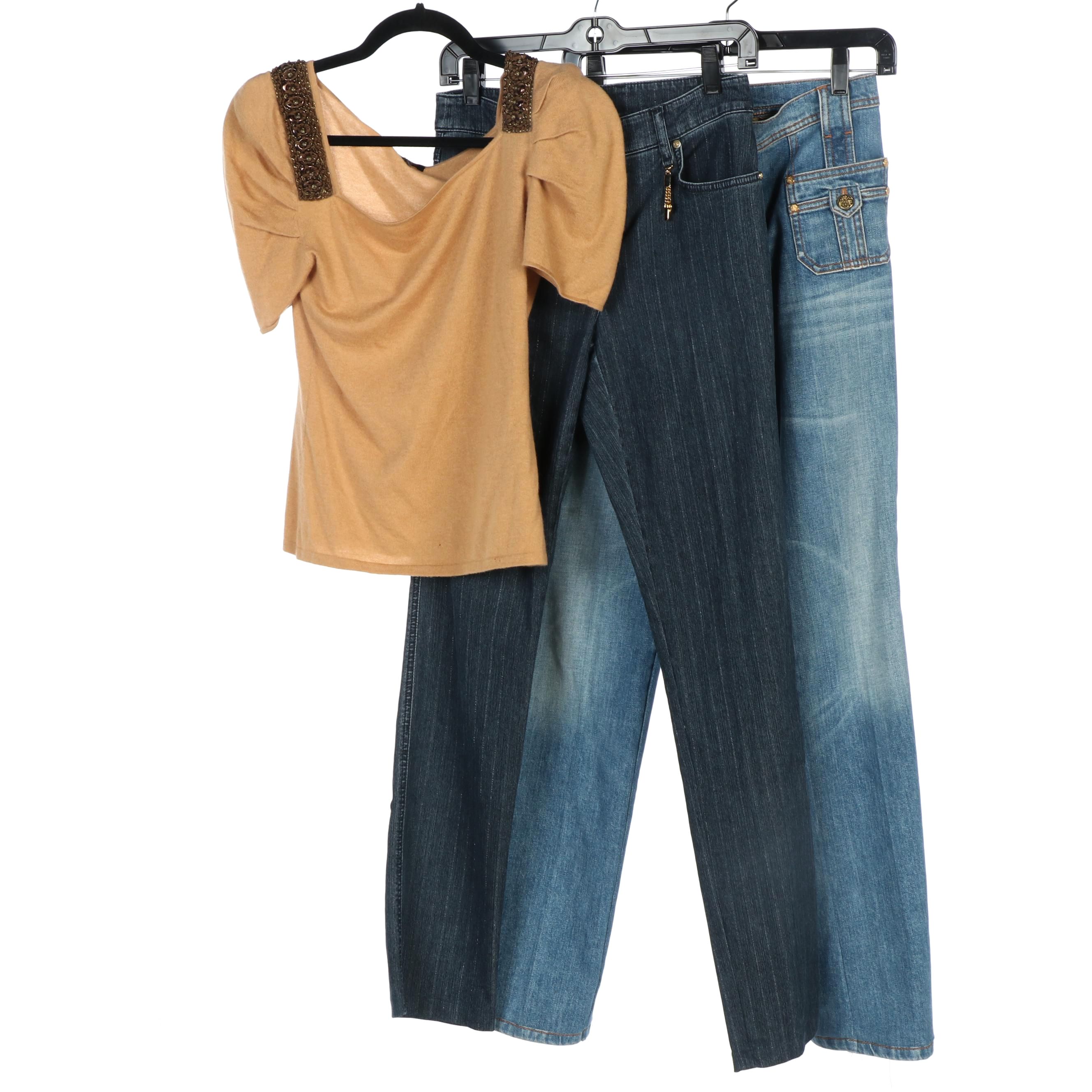 Escada and Roberto Cavalli Embellished Cashmere Sweater and Jeans