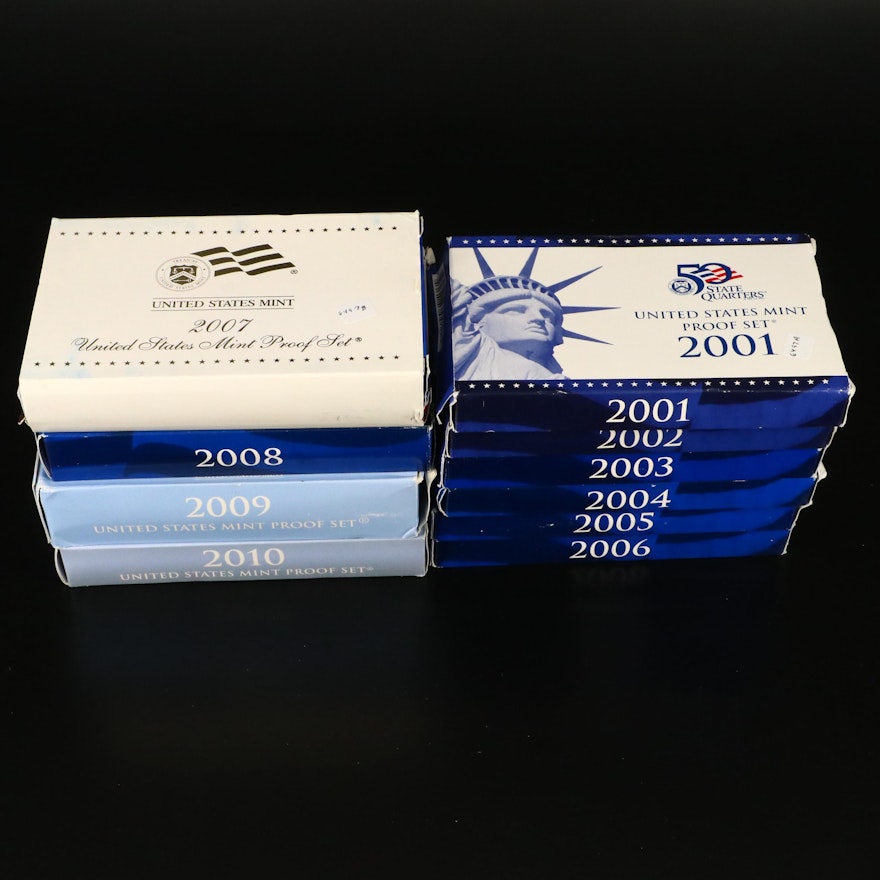 Ten Different U.S. Mint Proof Sets, 2001 to 2010