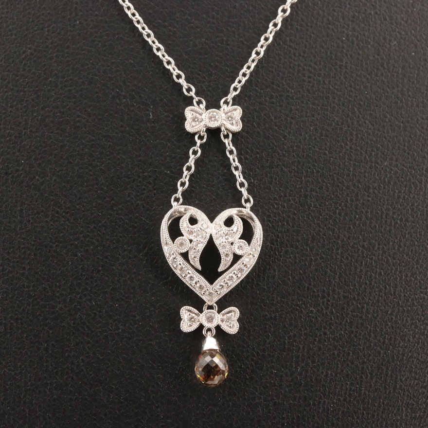 18K 1.23 CTW Diamond Heart and Bow Pendant Necklace