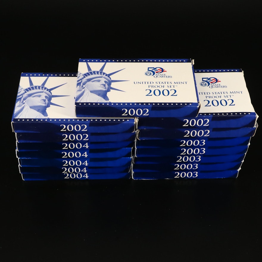 Fifteen U.S. Mint Proof Sets, 2002 to 2004