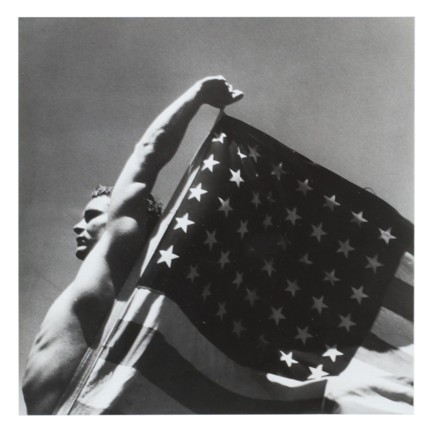 George Platt Lynes Silver Gelatin Photograph of Man with Flag, Mid-20th Century