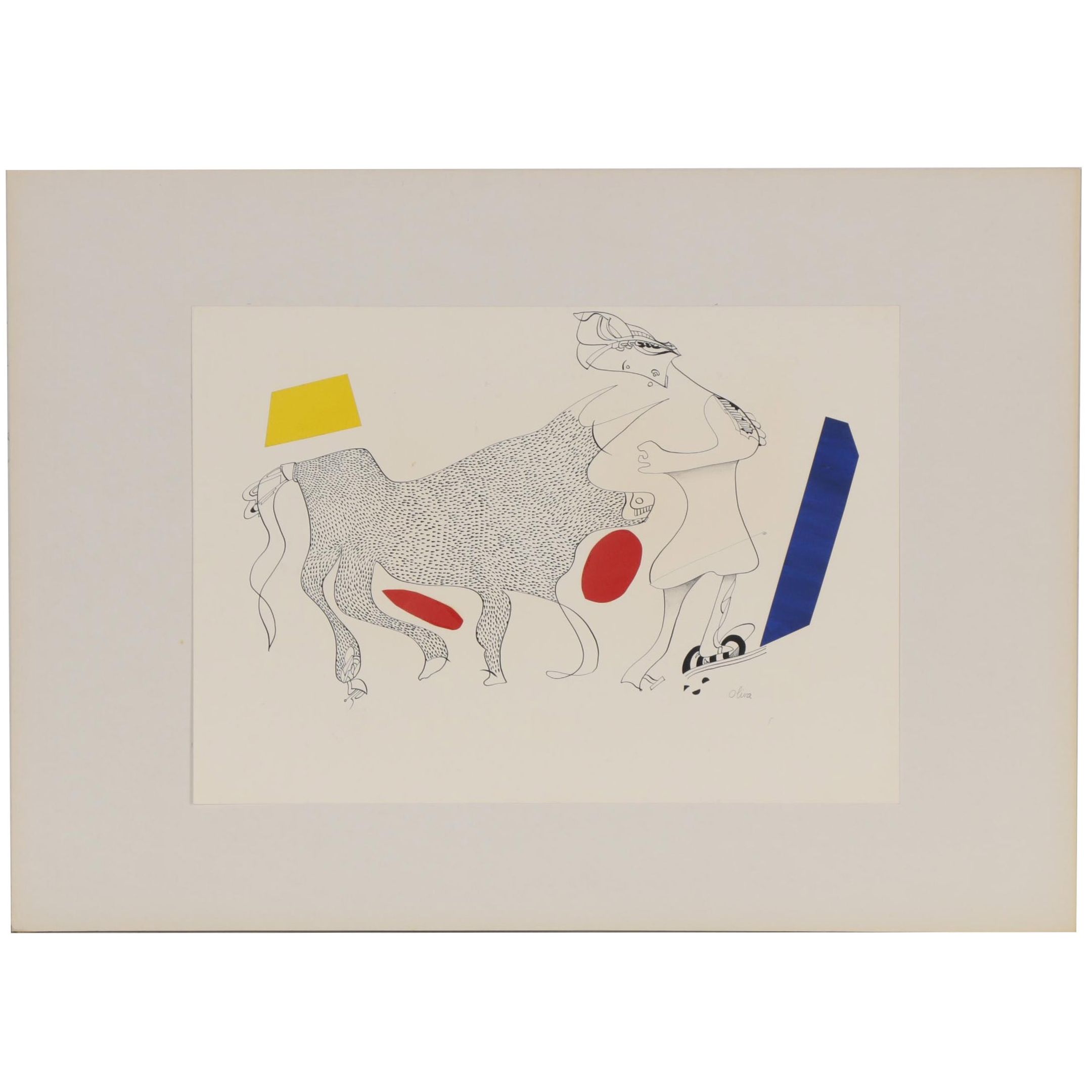 Eduardo Oliva Surrealist Mixed Media Drawing of Figure with a Bull