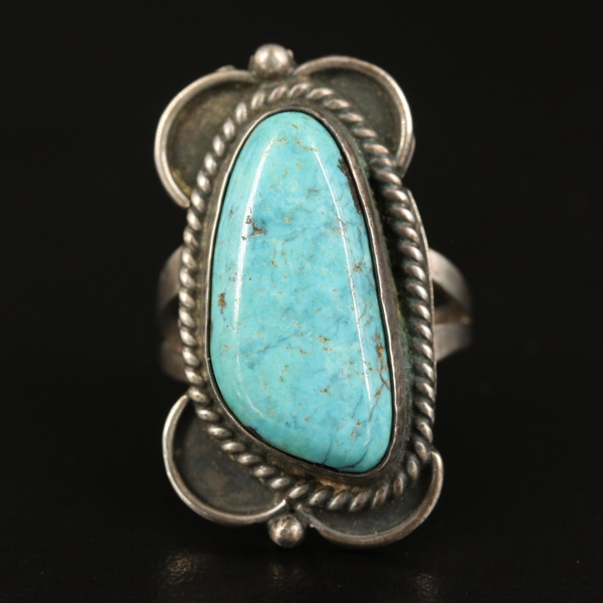 Western Sterling Turquoise Ring with Rope Accent