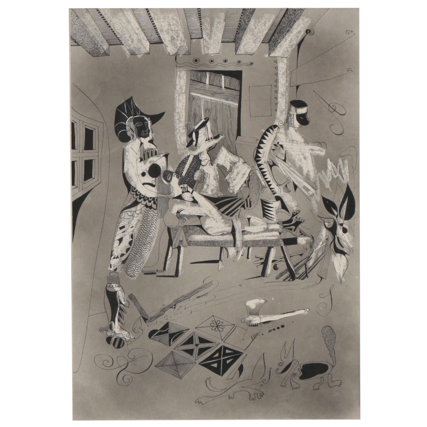 Eduardo Oliva Surrealist Mixed Media Drawing of Surgical Scene