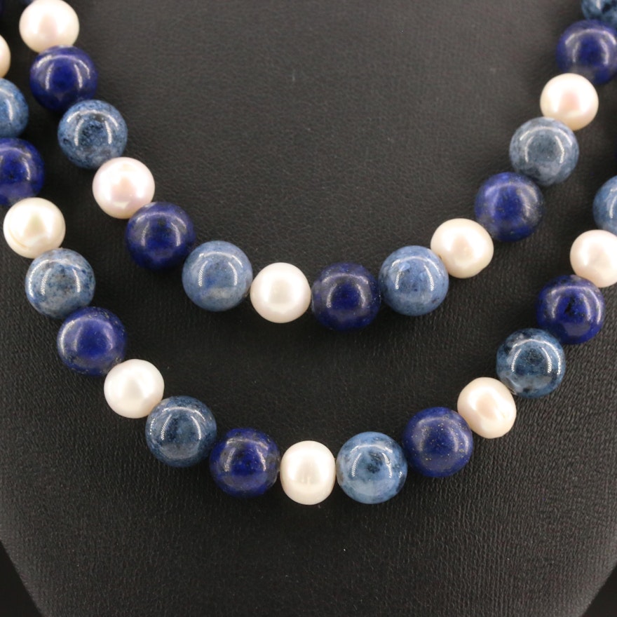 Sterling Silver Pearl, Lapis Lazuli and Sodalite Double Strand Necklace