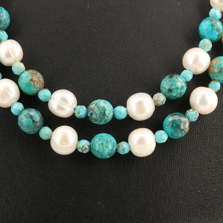 Turquoise and Pearl Double Strand Necklace with Sterling Clasp