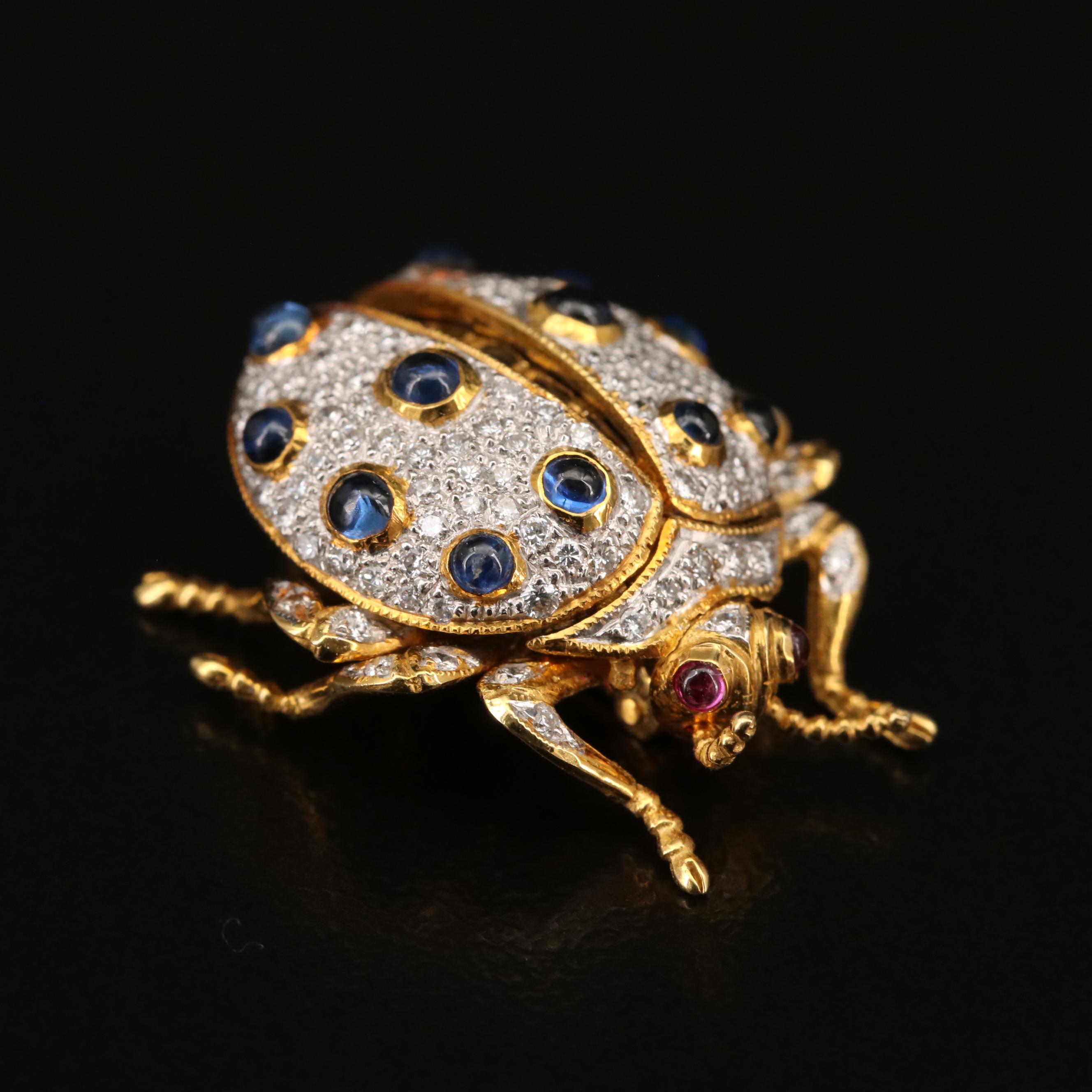 18K Diamond, Sapphire and Ruby Articulated Beetle Brooch