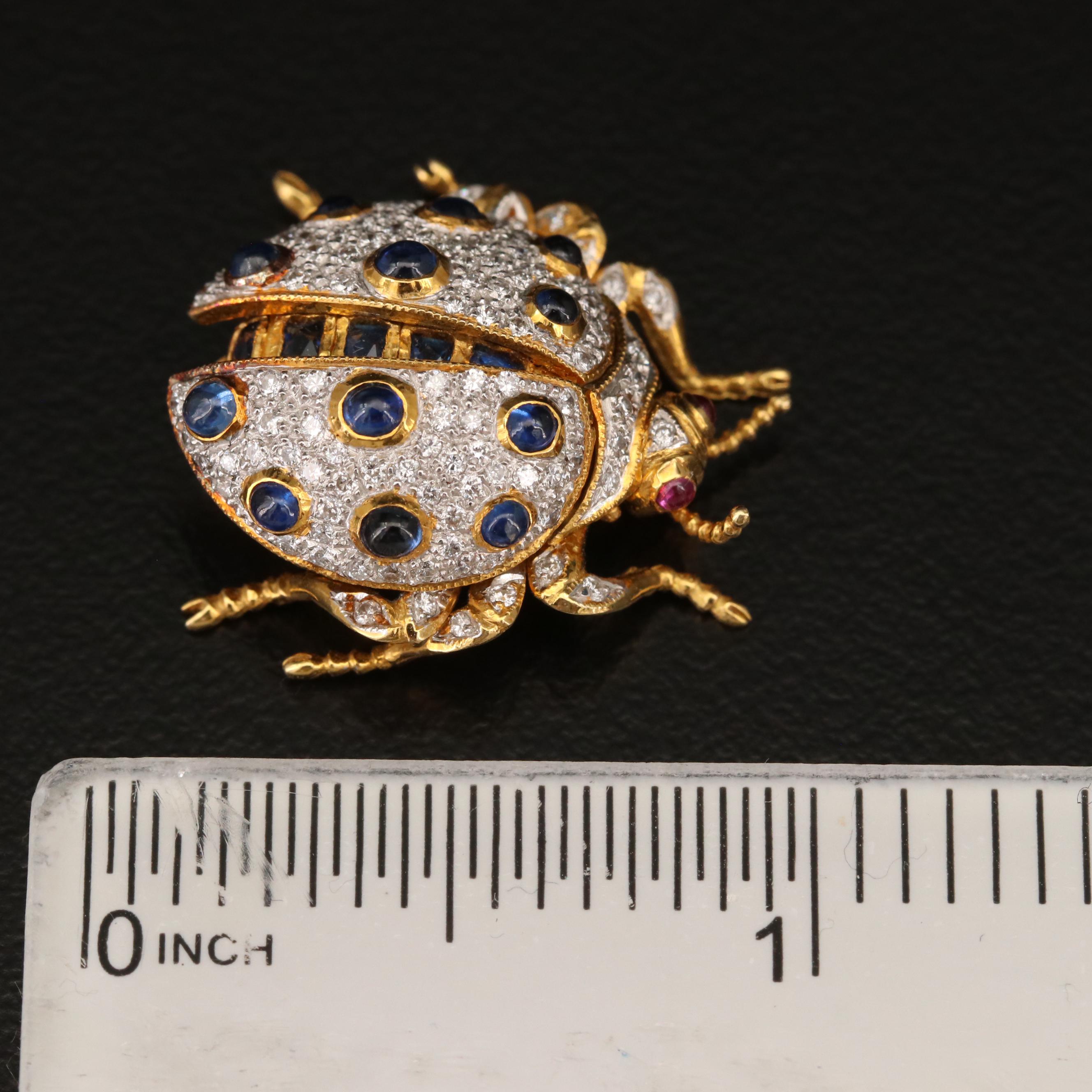 18K Diamond, Sapphire and Ruby Articulated Beetle Brooch