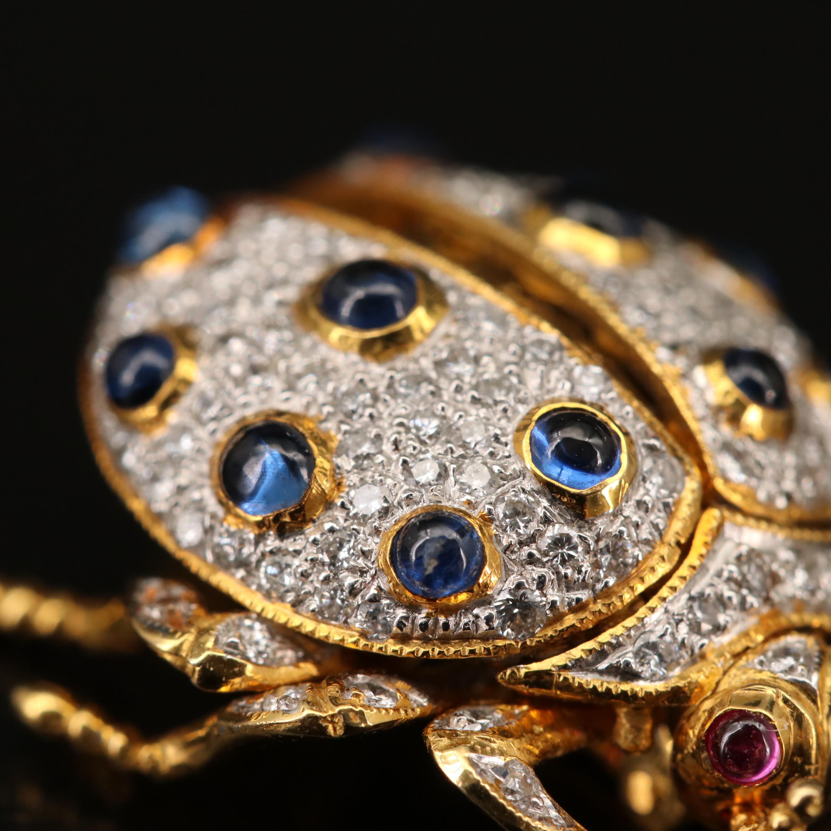 18K Diamond, Sapphire and Ruby Articulated Beetle Brooch