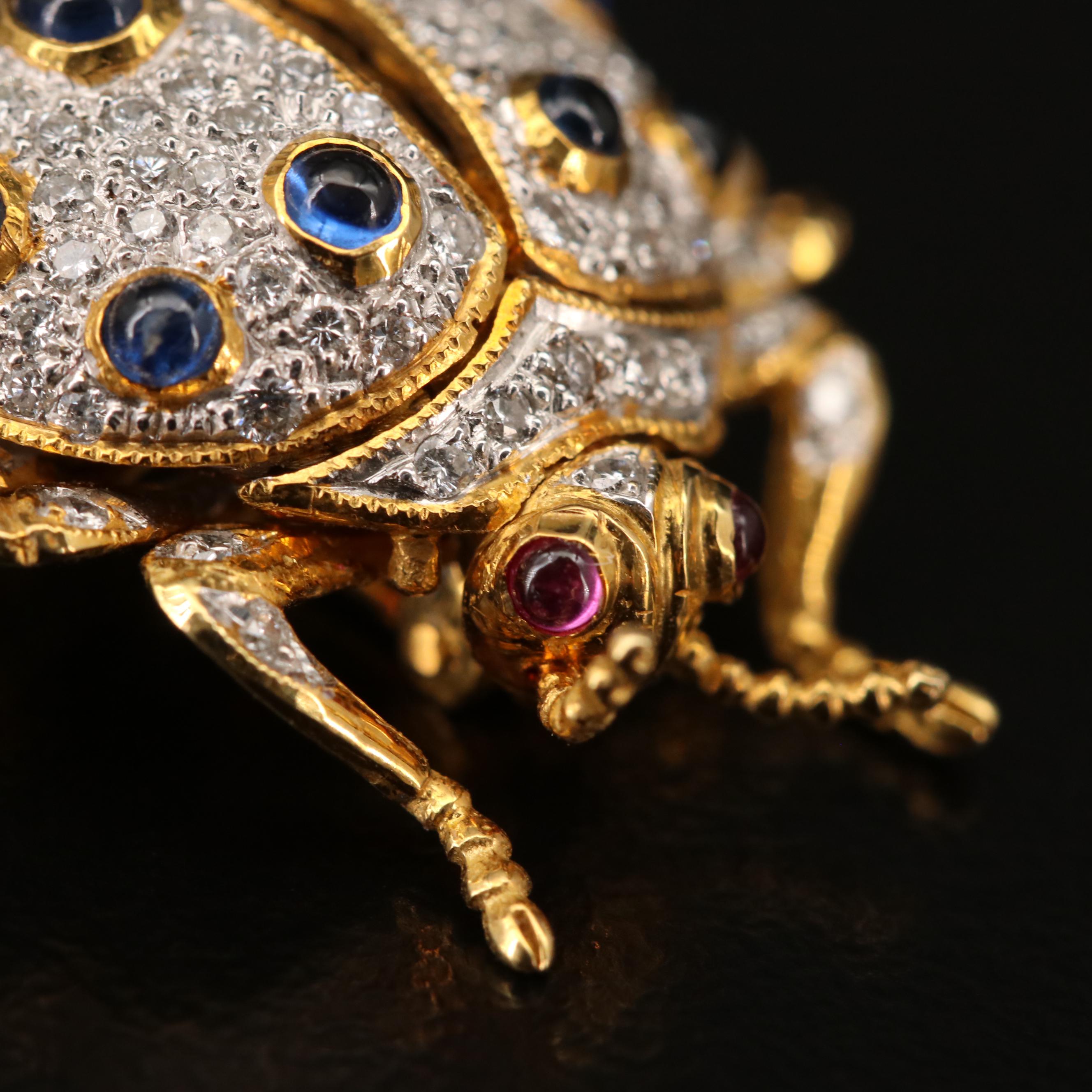 18K Diamond, Sapphire and Ruby Articulated Beetle Brooch