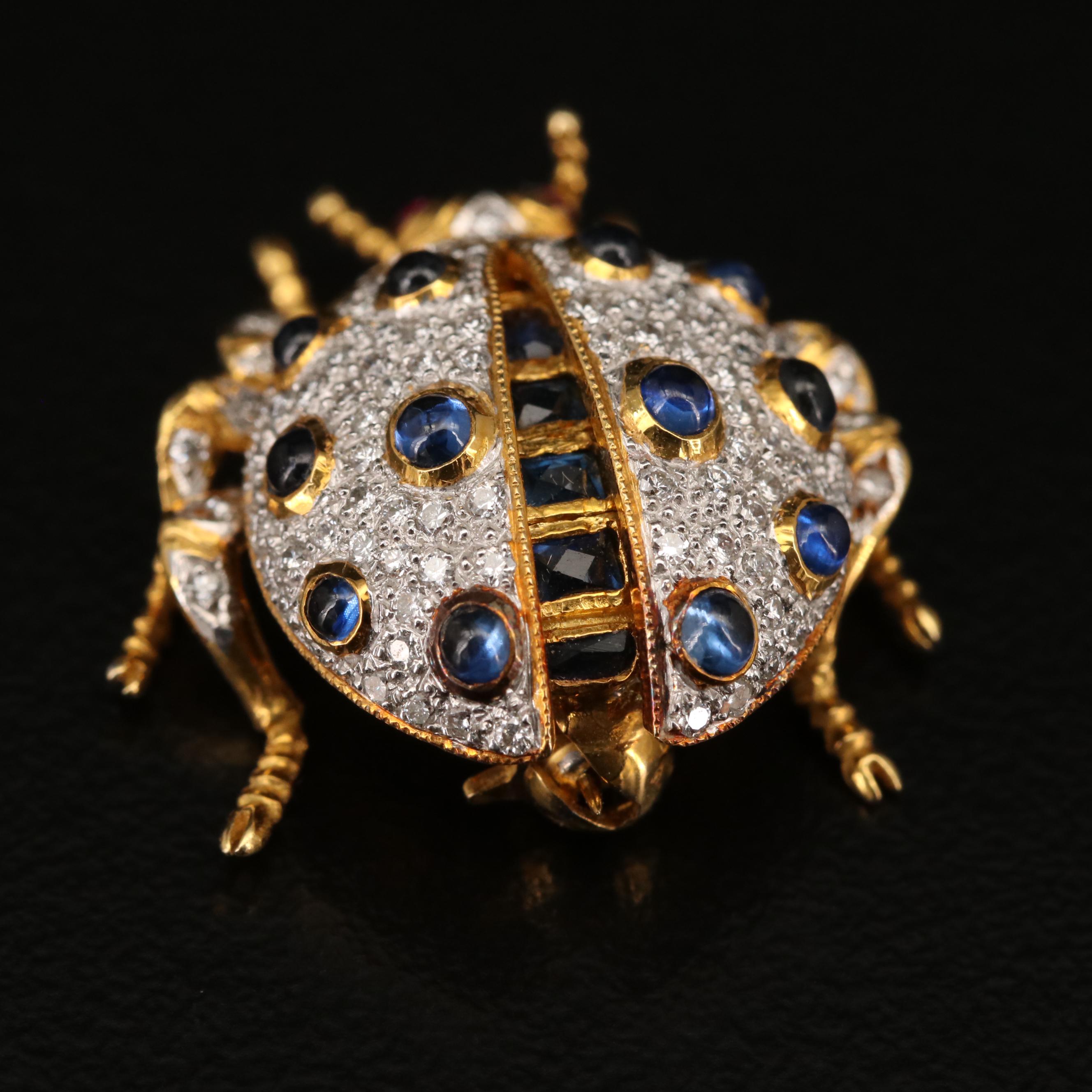 18K Diamond, Sapphire and Ruby Articulated Beetle Brooch