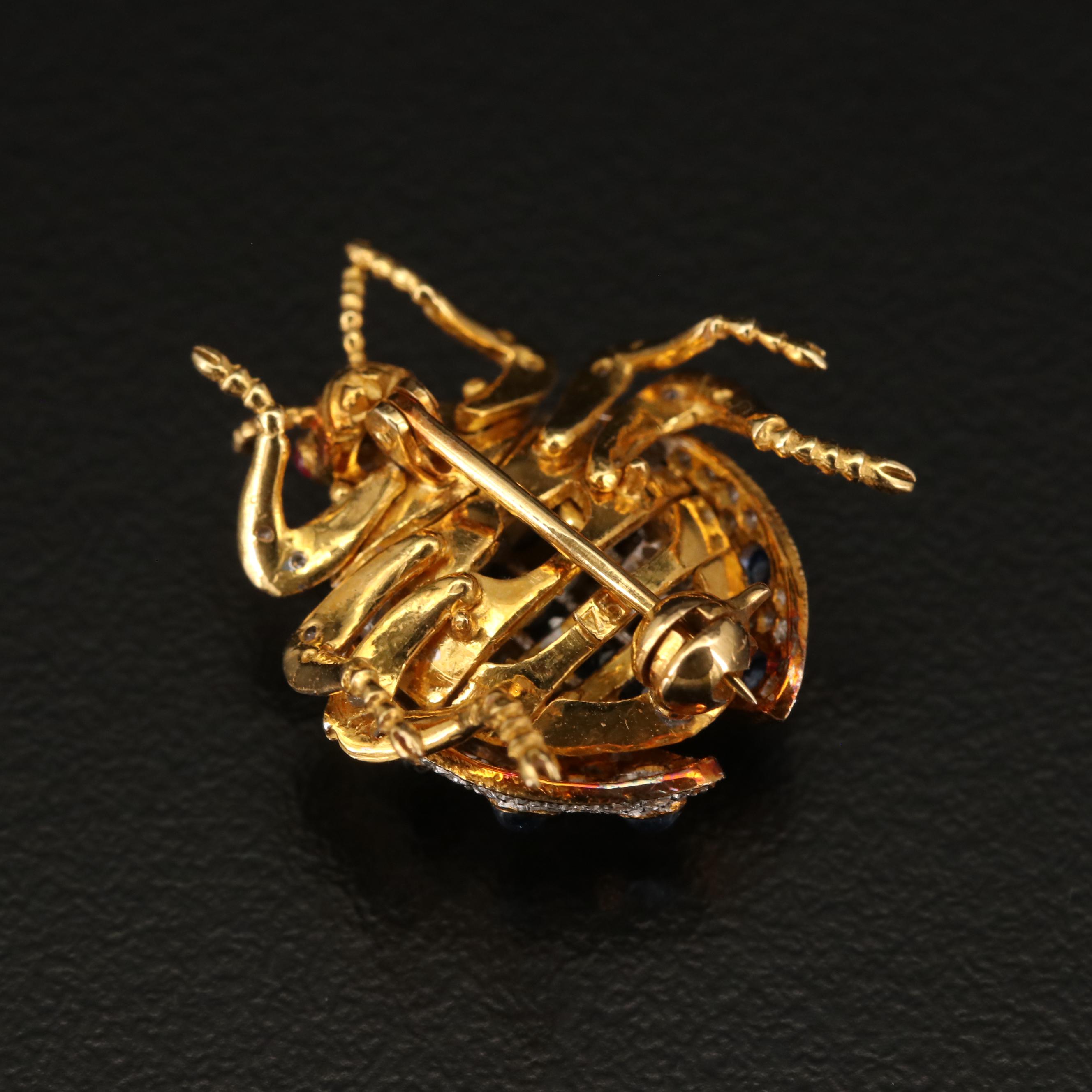 18K Diamond, Sapphire and Ruby Articulated Beetle Brooch