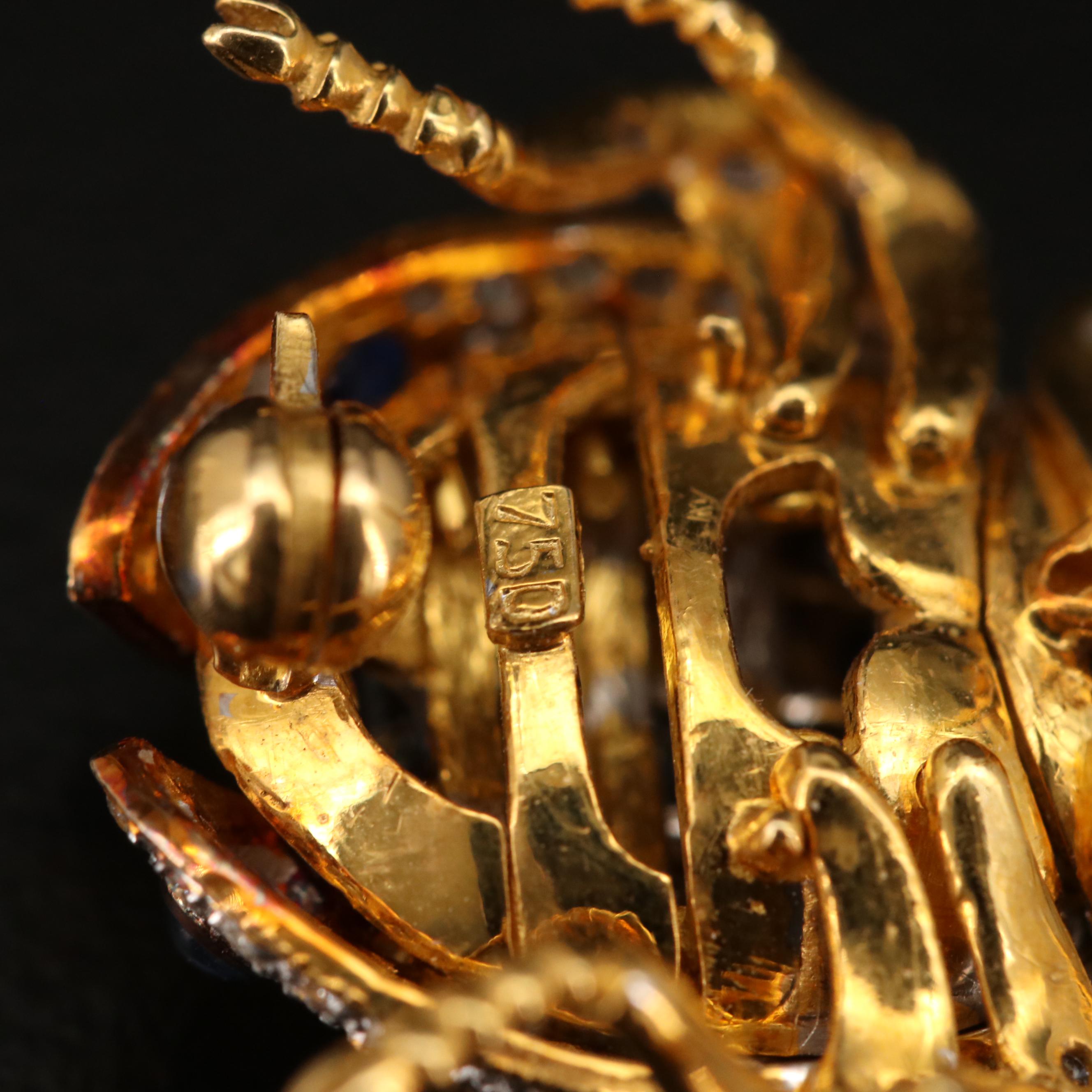 18K Diamond, Sapphire and Ruby Articulated Beetle Brooch