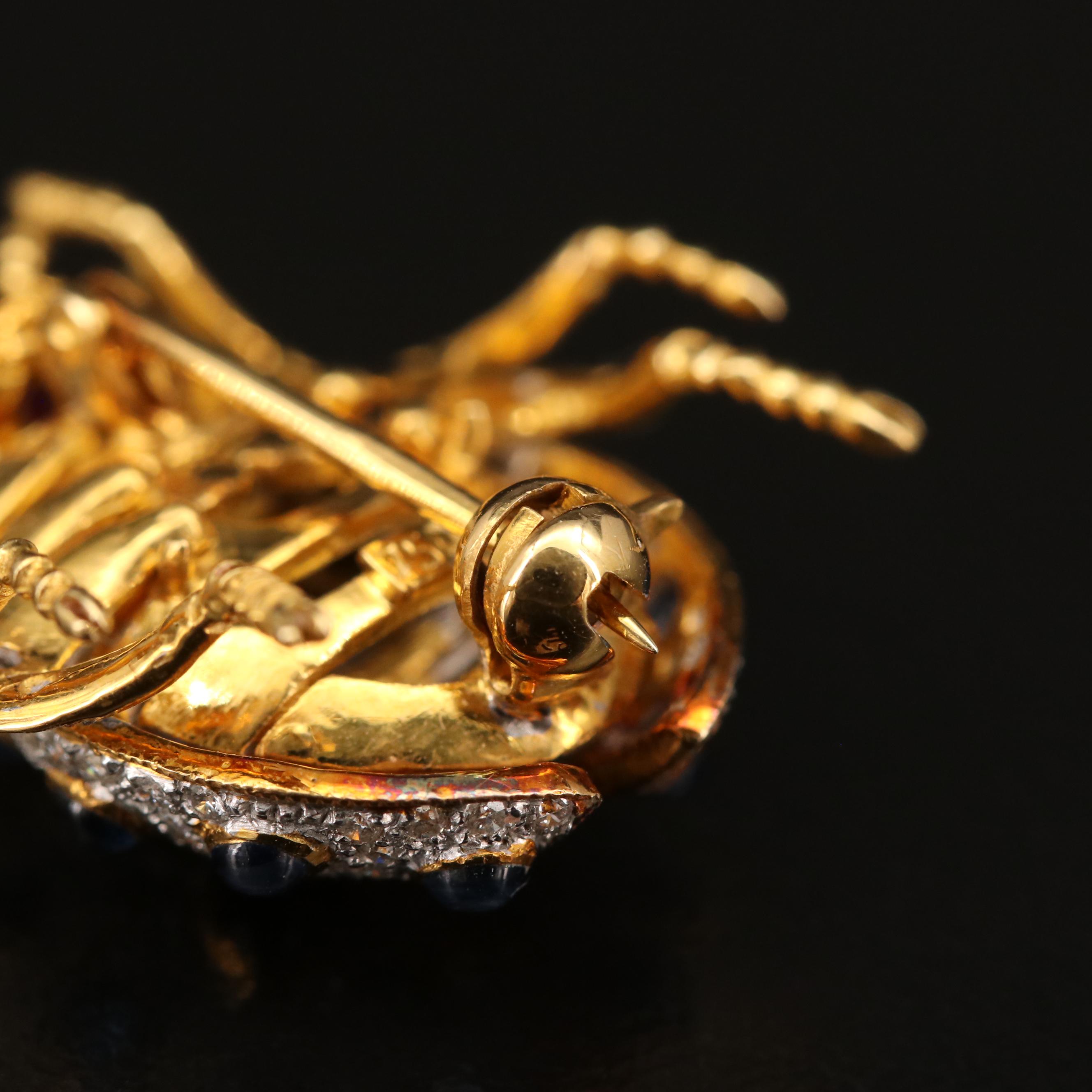 18K Diamond, Sapphire and Ruby Articulated Beetle Brooch