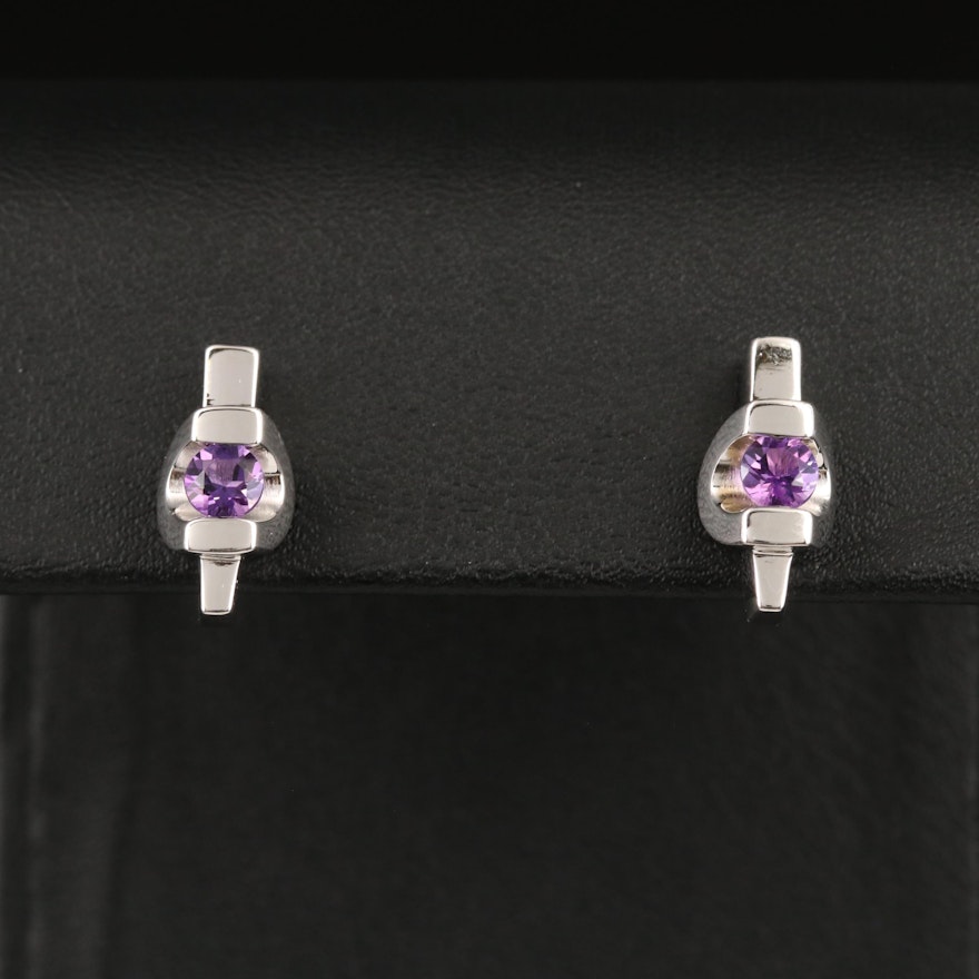 Contemporary Sterling Silver Amethyst Stud Earrings