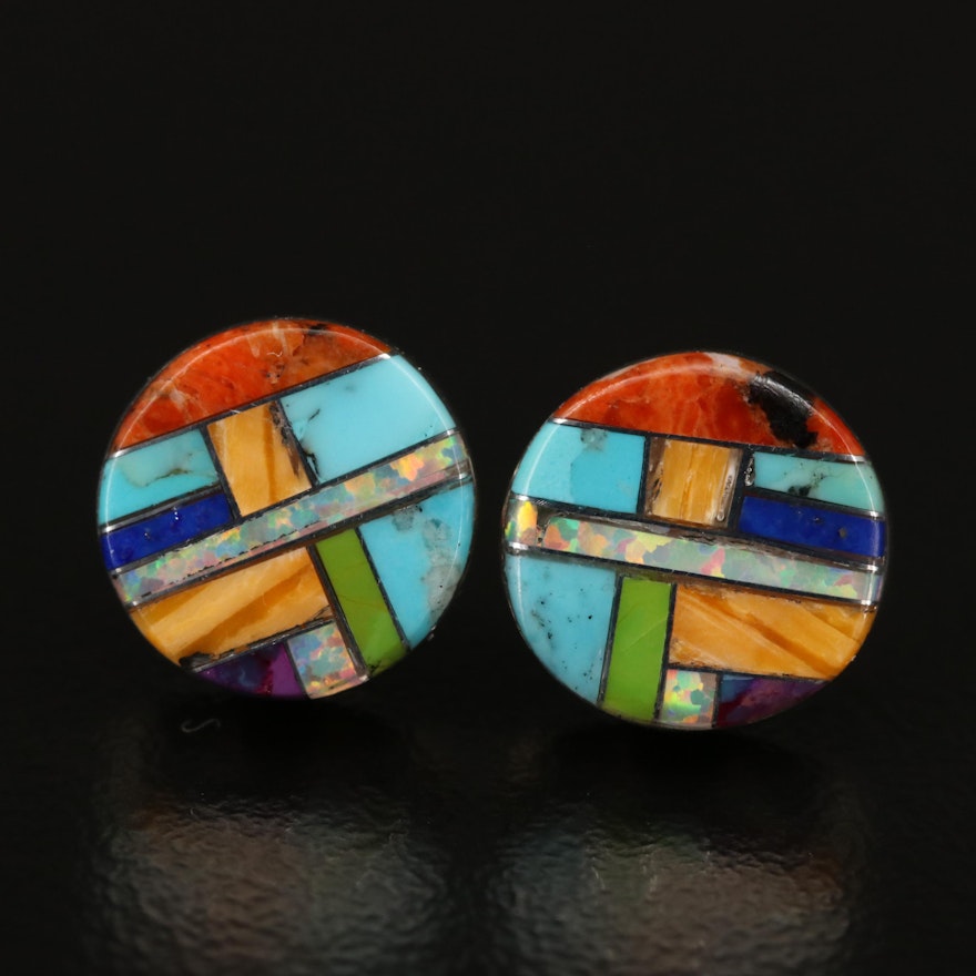 Signed Western Sterling Opal, Turquoise and Coral Inlay Stud Earrings