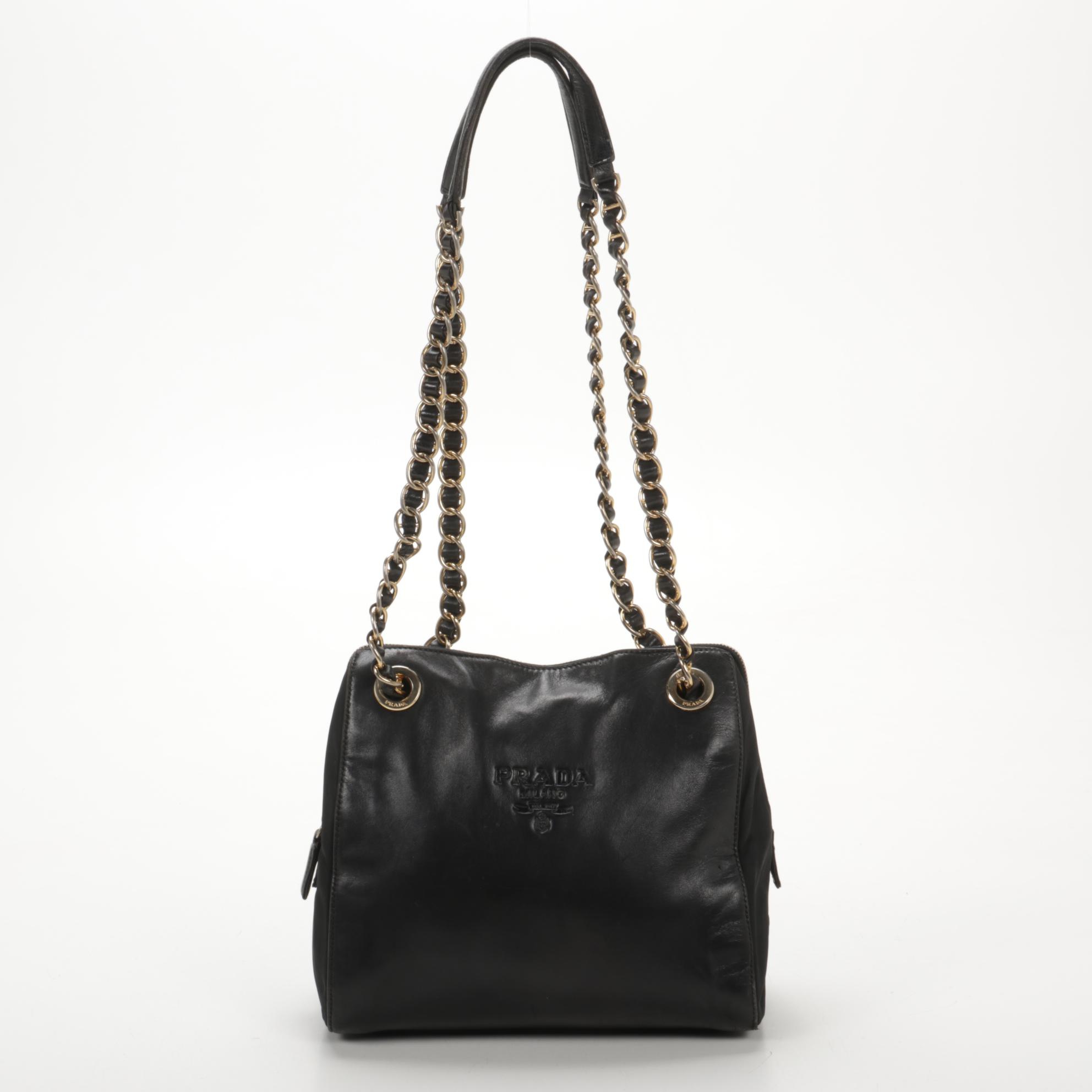 Prada Chain Strap Shoulder Bag in Black Leather and Tessuto Nylon