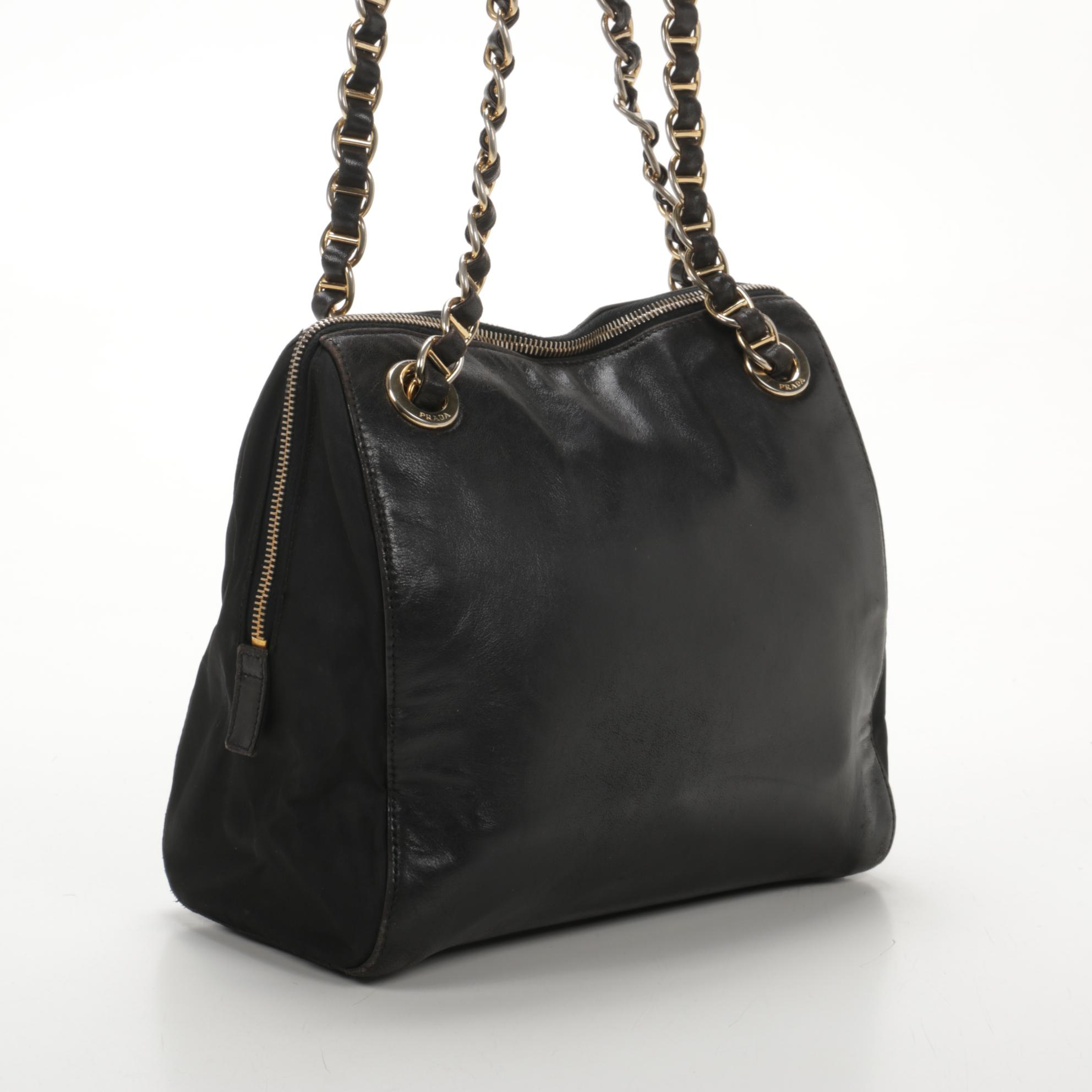 Prada Chain Strap Shoulder Bag in Black Leather and Tessuto Nylon