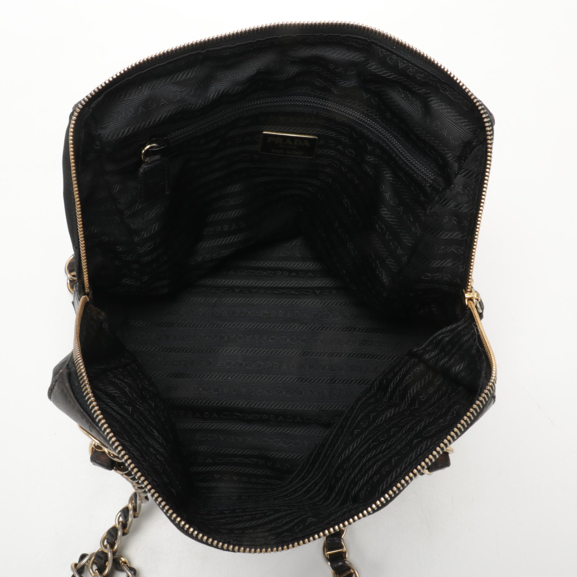 Prada Chain Strap Shoulder Bag in Black Leather and Tessuto Nylon