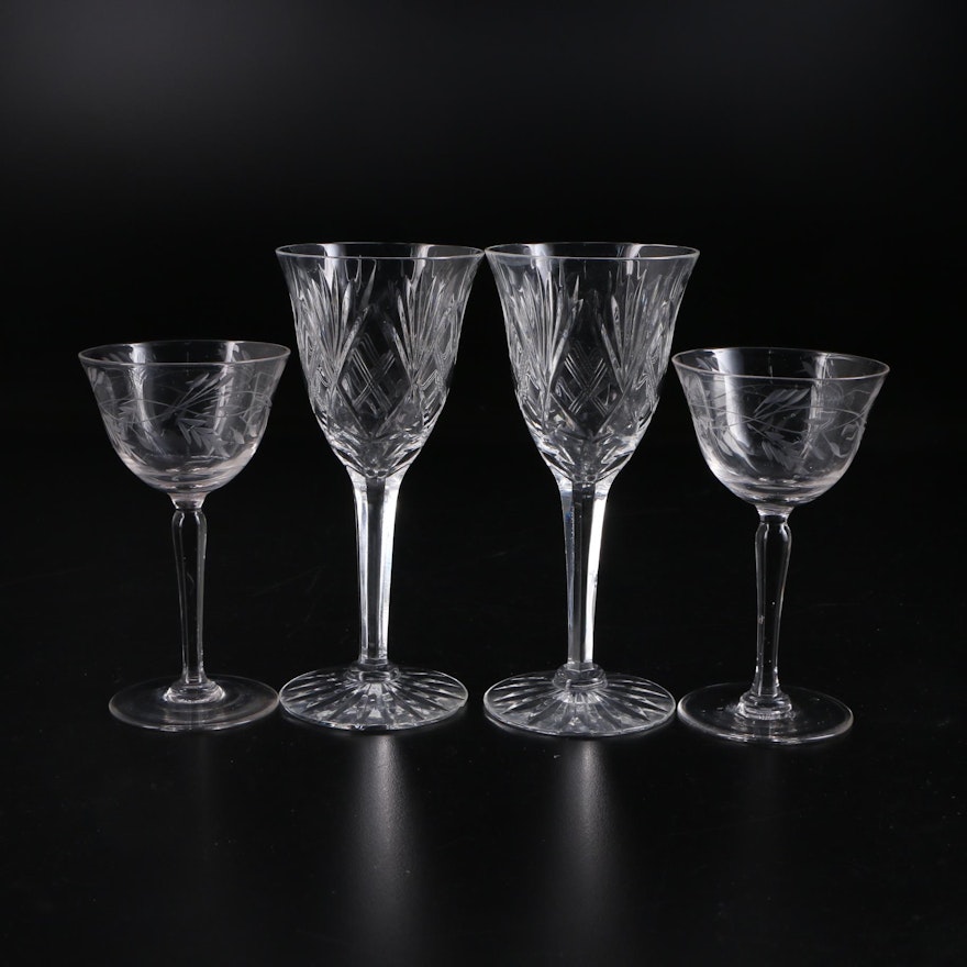 Floral  Etched Glass Cordials and Wine Glasses, Mid-20th Century