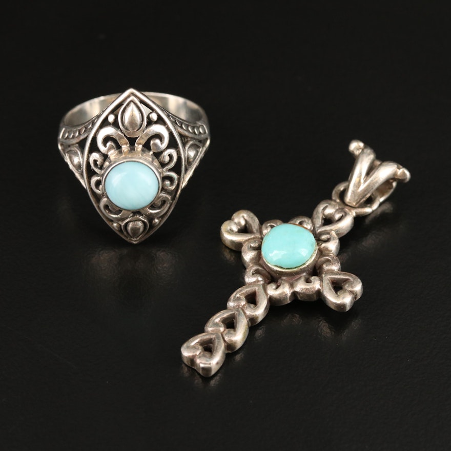 Bali Style Sterling Silver Larimar Ring and Heart Themed Cross Pendant