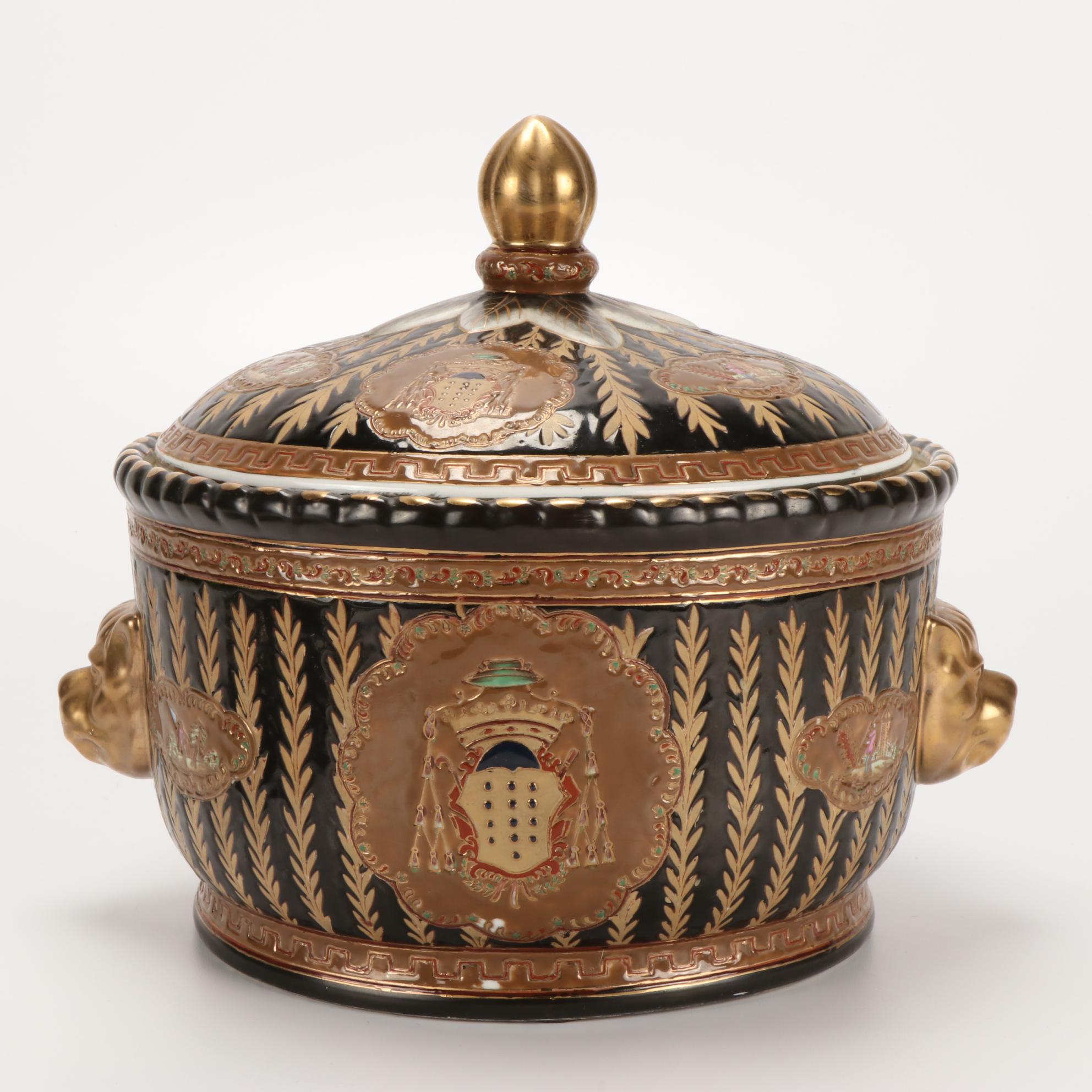 Cambridge "Bamboo" Flatware and Porcelain Lidded Pot with Ecclesiastical Crest