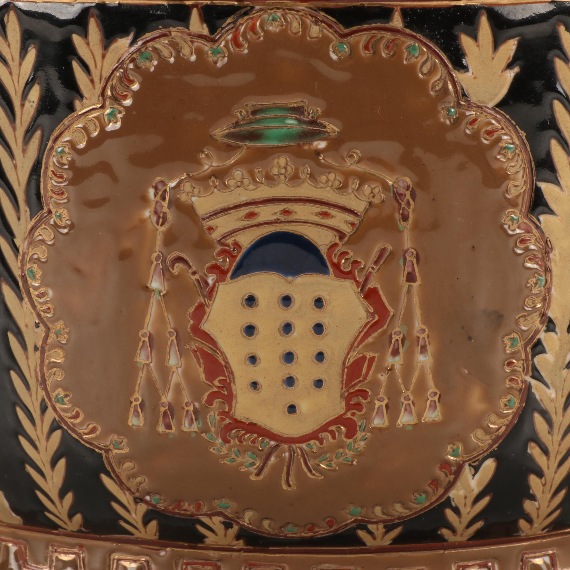 Cambridge "Bamboo" Flatware and Porcelain Lidded Pot with Ecclesiastical Crest