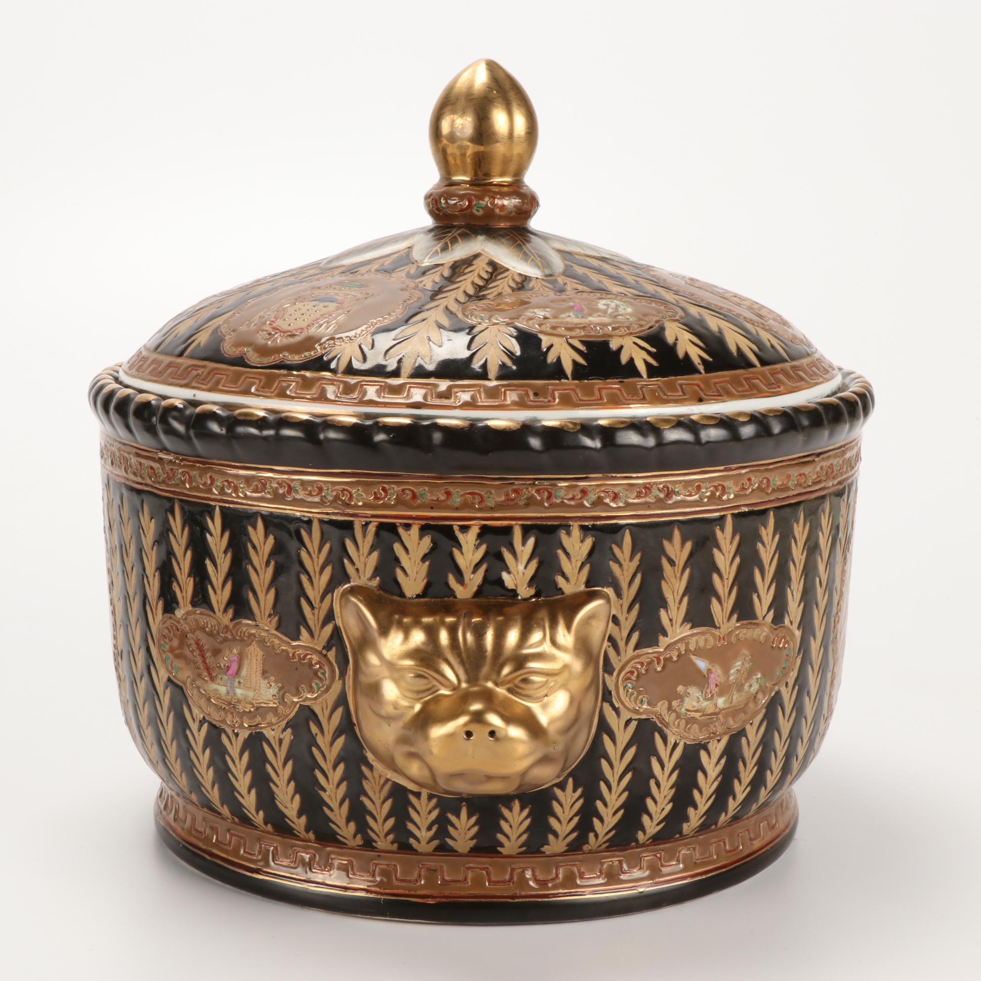 Cambridge "Bamboo" Flatware and Porcelain Lidded Pot with Ecclesiastical Crest