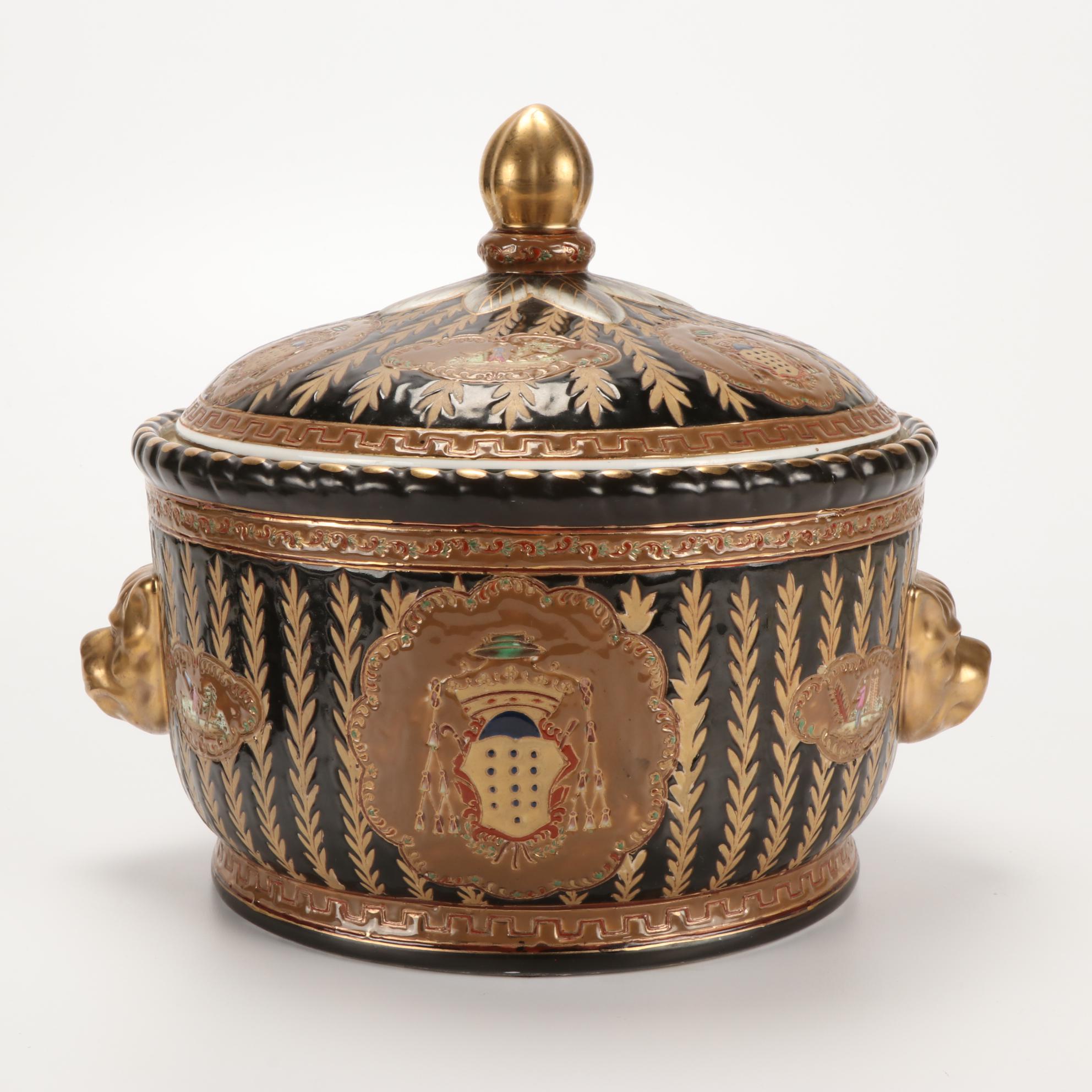 Cambridge "Bamboo" Flatware and Porcelain Lidded Pot with Ecclesiastical Crest