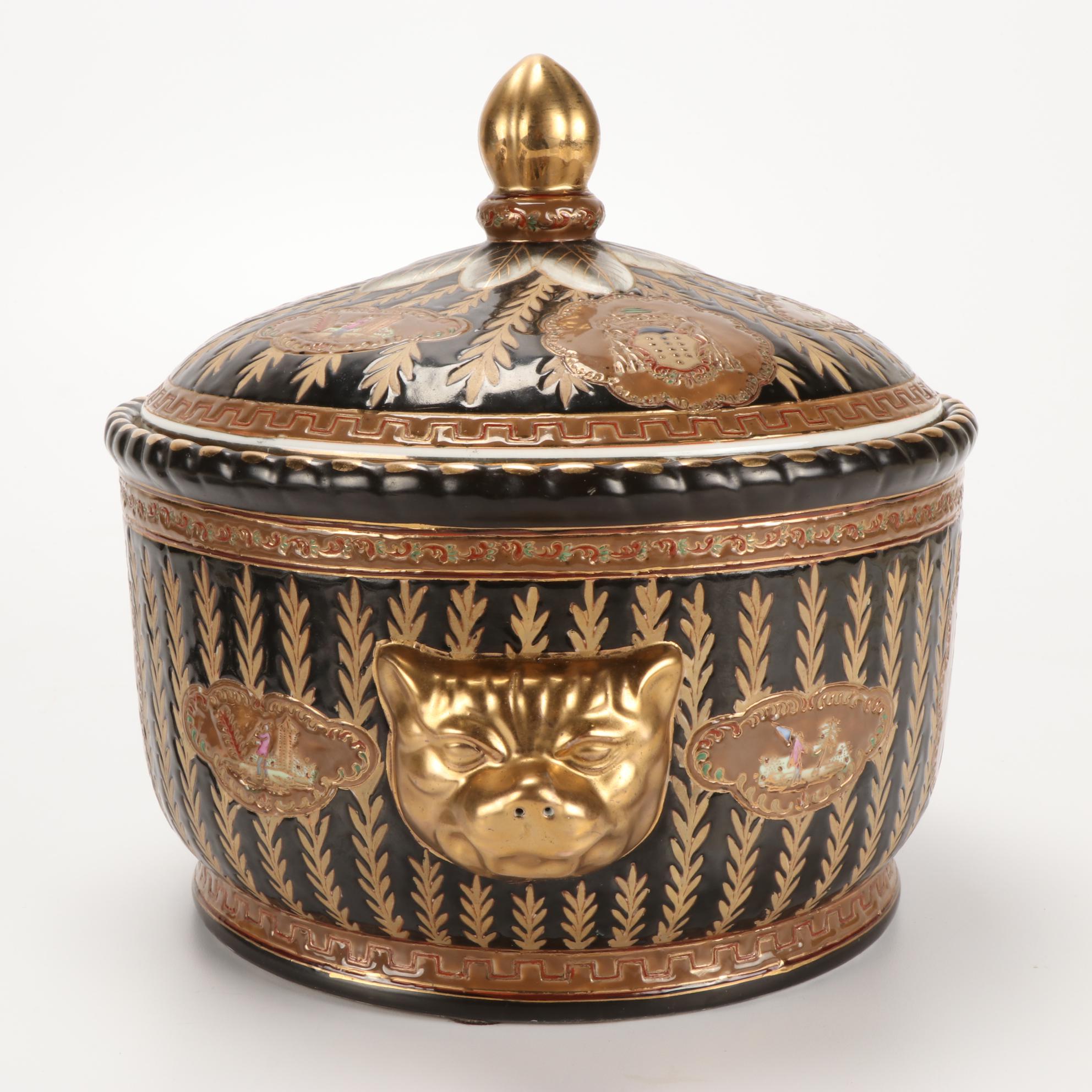 Cambridge "Bamboo" Flatware and Porcelain Lidded Pot with Ecclesiastical Crest