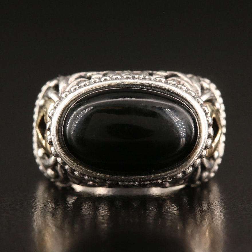Sterling Silver Black Onyx and Openwork Ring with 14K Accents