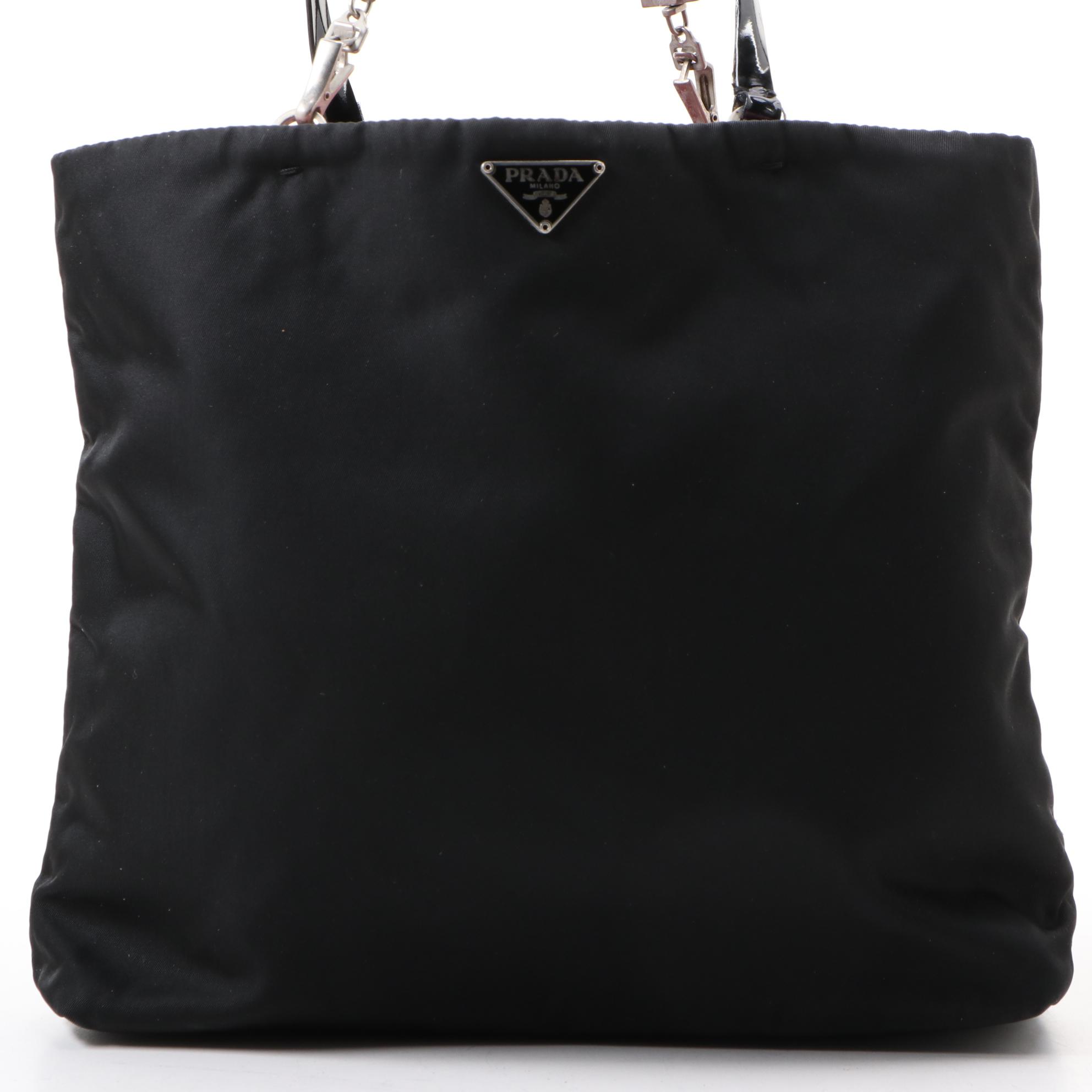 Prada Tessuto Vela Mini Tote in Black Nylon and Patent Leather