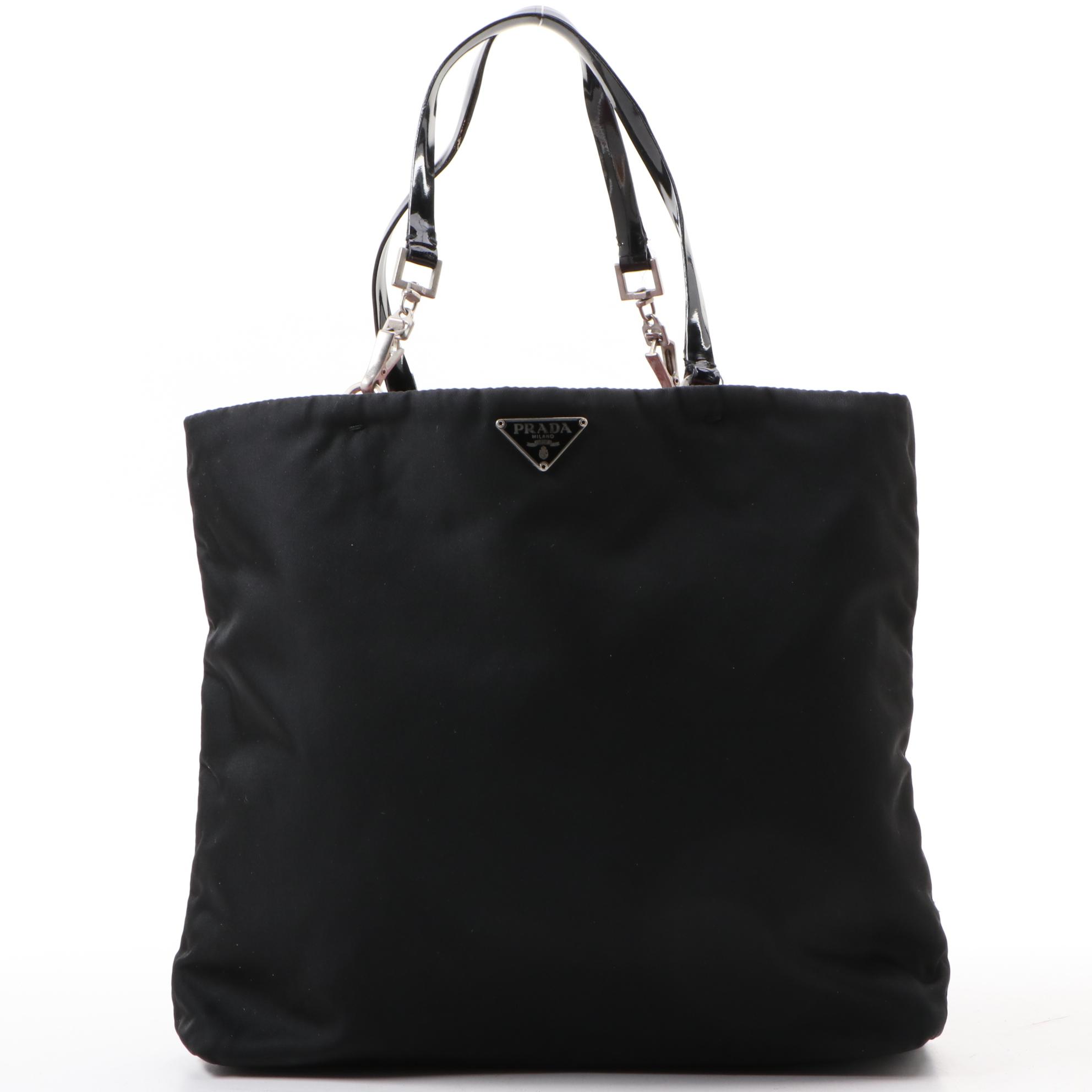 Prada Tessuto Vela Mini Tote in Black Nylon and Patent Leather