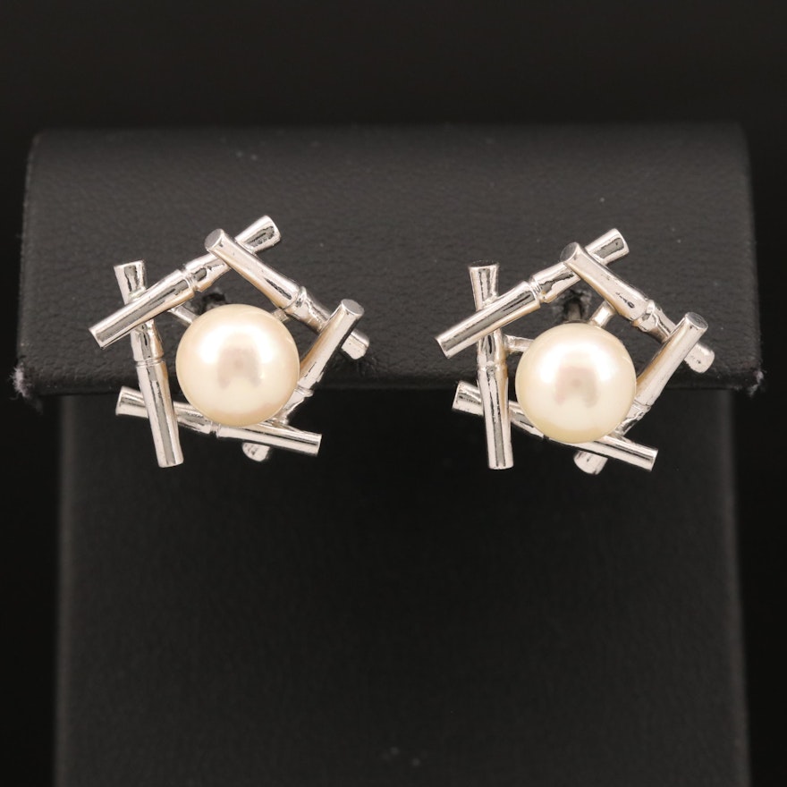 Sterling Silver Pearl with Bamboo Style Earrings