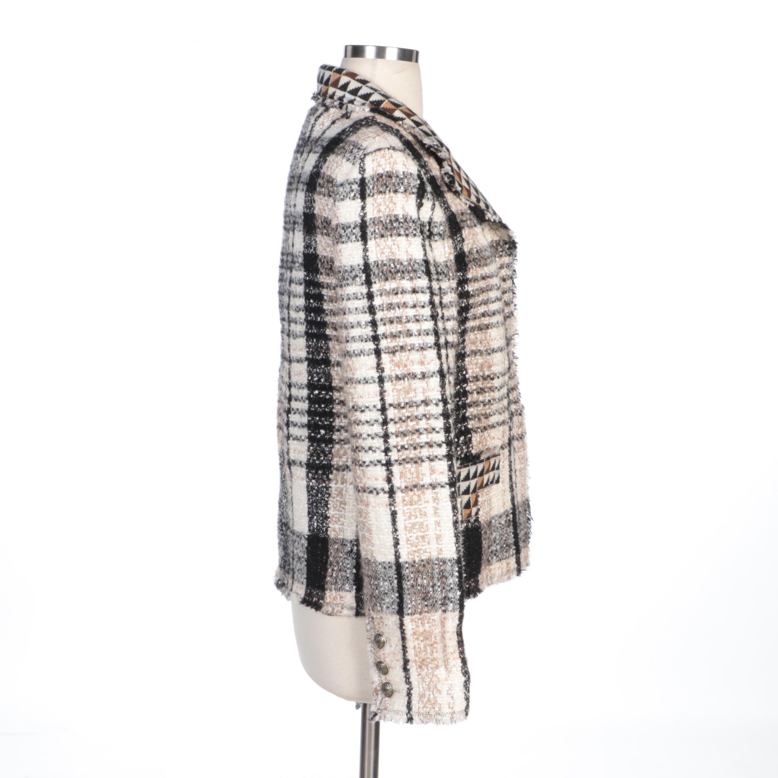 Chanel Cream and Brown Tweed Open Front Jacket with Fringed Edges