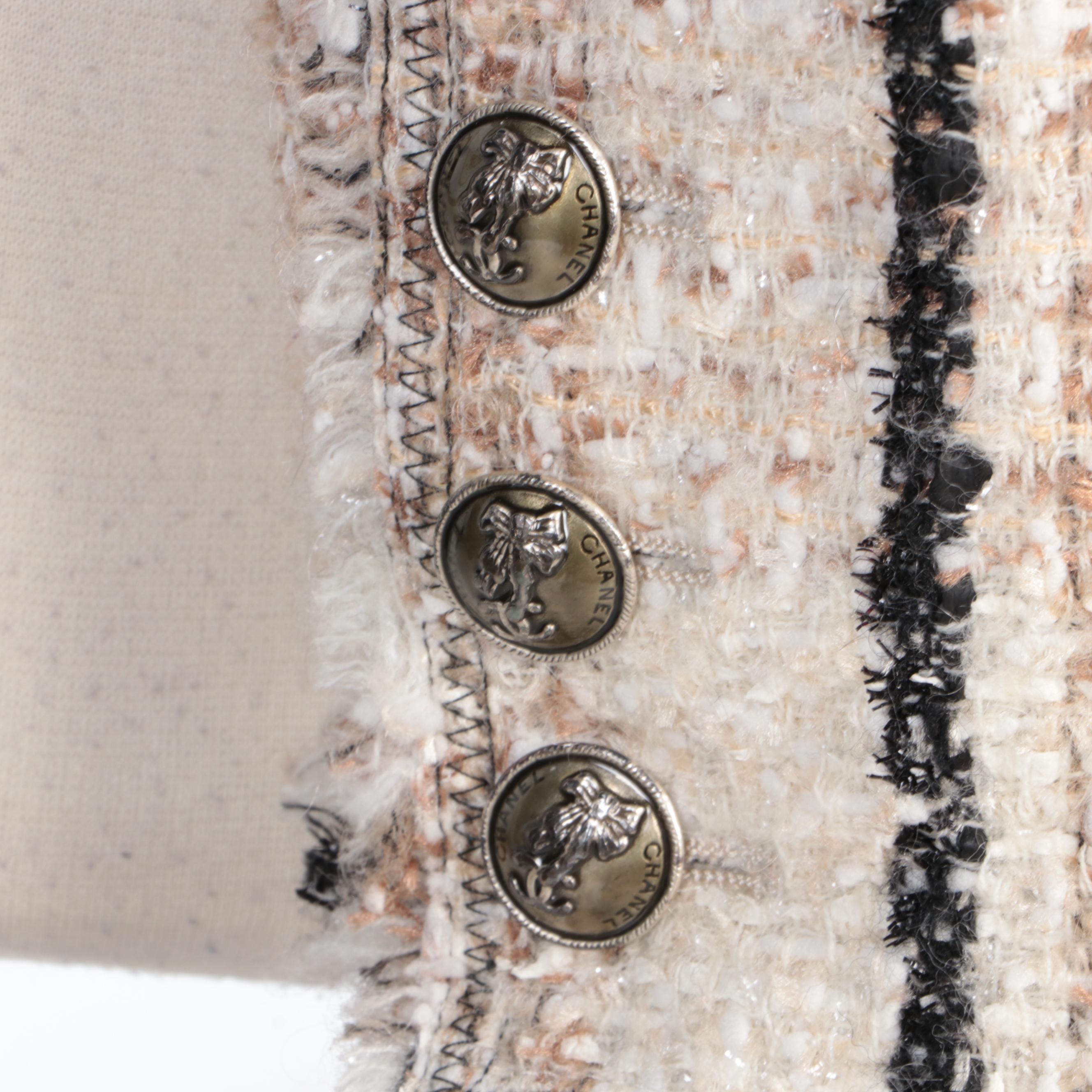 Chanel Cream and Brown Tweed Open Front Jacket with Fringed Edges