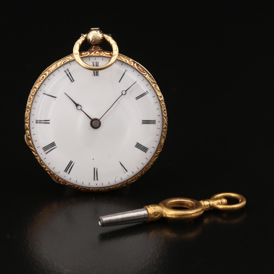 Antique Swiss 18K Gold and Enamel Key Wind Pocket Watch