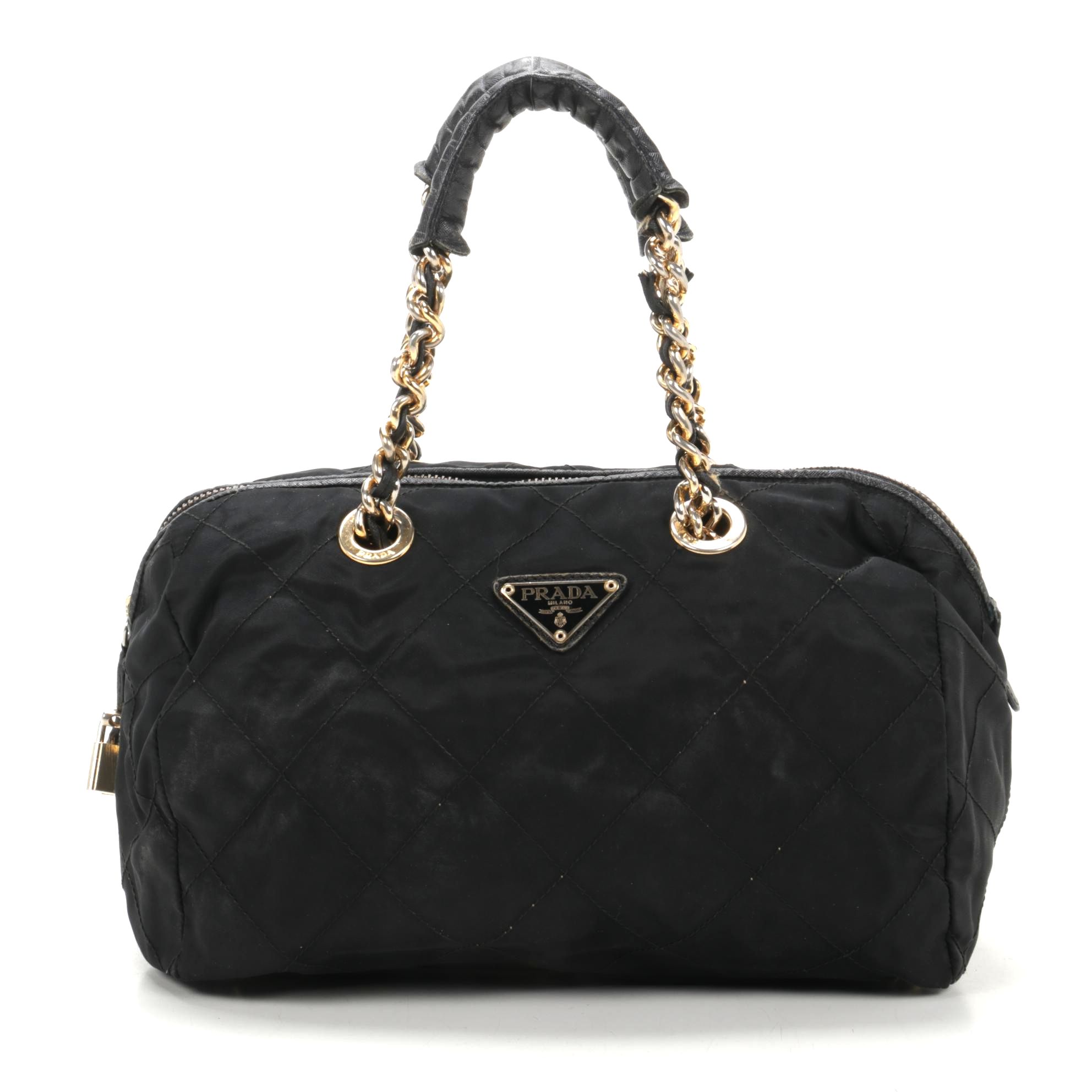 Prada Chain Strap Shoulder Bag in Quilted Black Tessuto Nylon and Leather