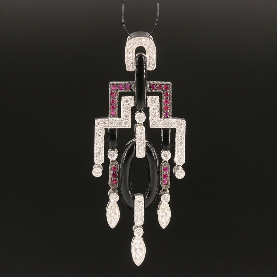 18K Black Onyx, Diamond and Ruby Art Deco Style Pendant