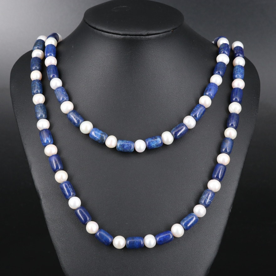 Sterling Silver Lapis Lazuli and Pearl Double Strand Necklace