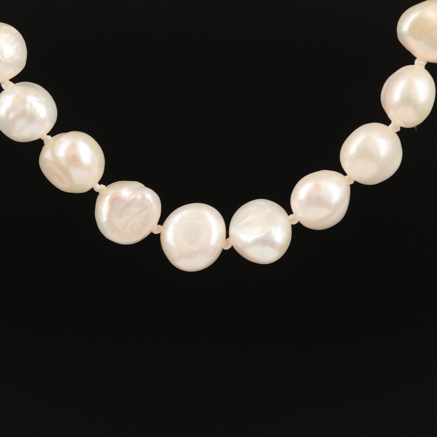 Single Strand Knotted Semi-Baroque Pearl Necklace with 14K Clasp