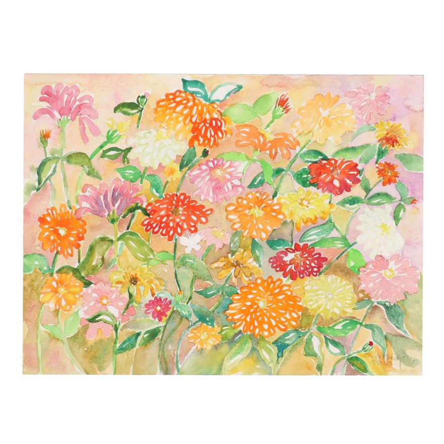 Sheila Bonser Floral Watercolor Painting "Zinnias I," 2013