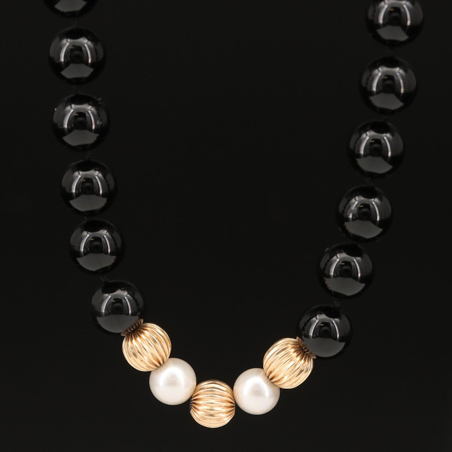 14K Black Onyx and Pearl Necklace