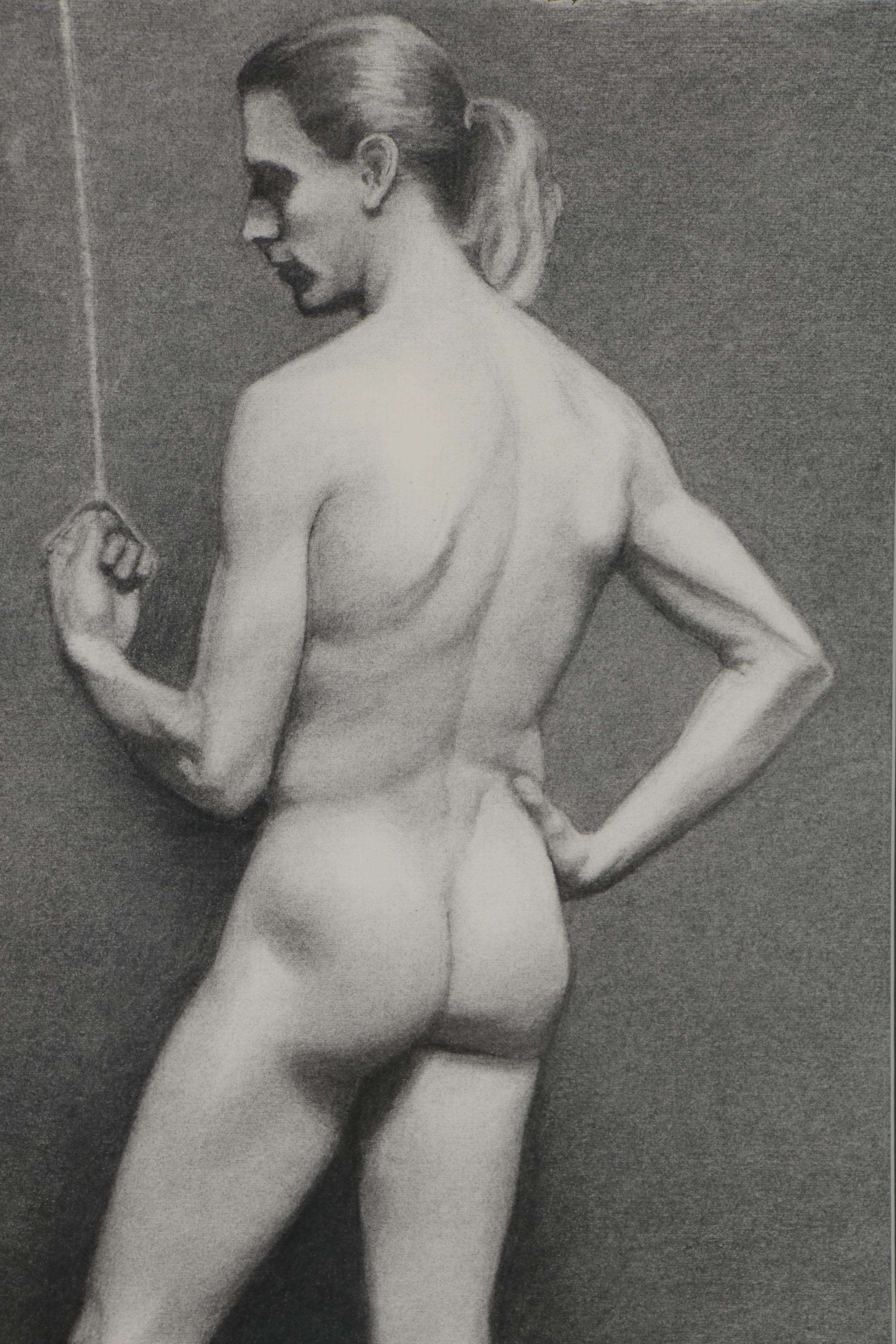 Figural Charcoal Drawing of Male Nude, Late 20th Century