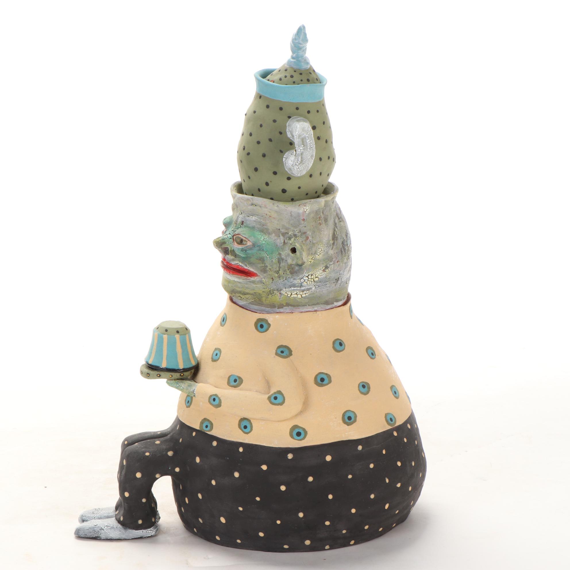 Deb Fleck-Stabley Glazed Terracotta Sculpture of Creature with Tea, 2001