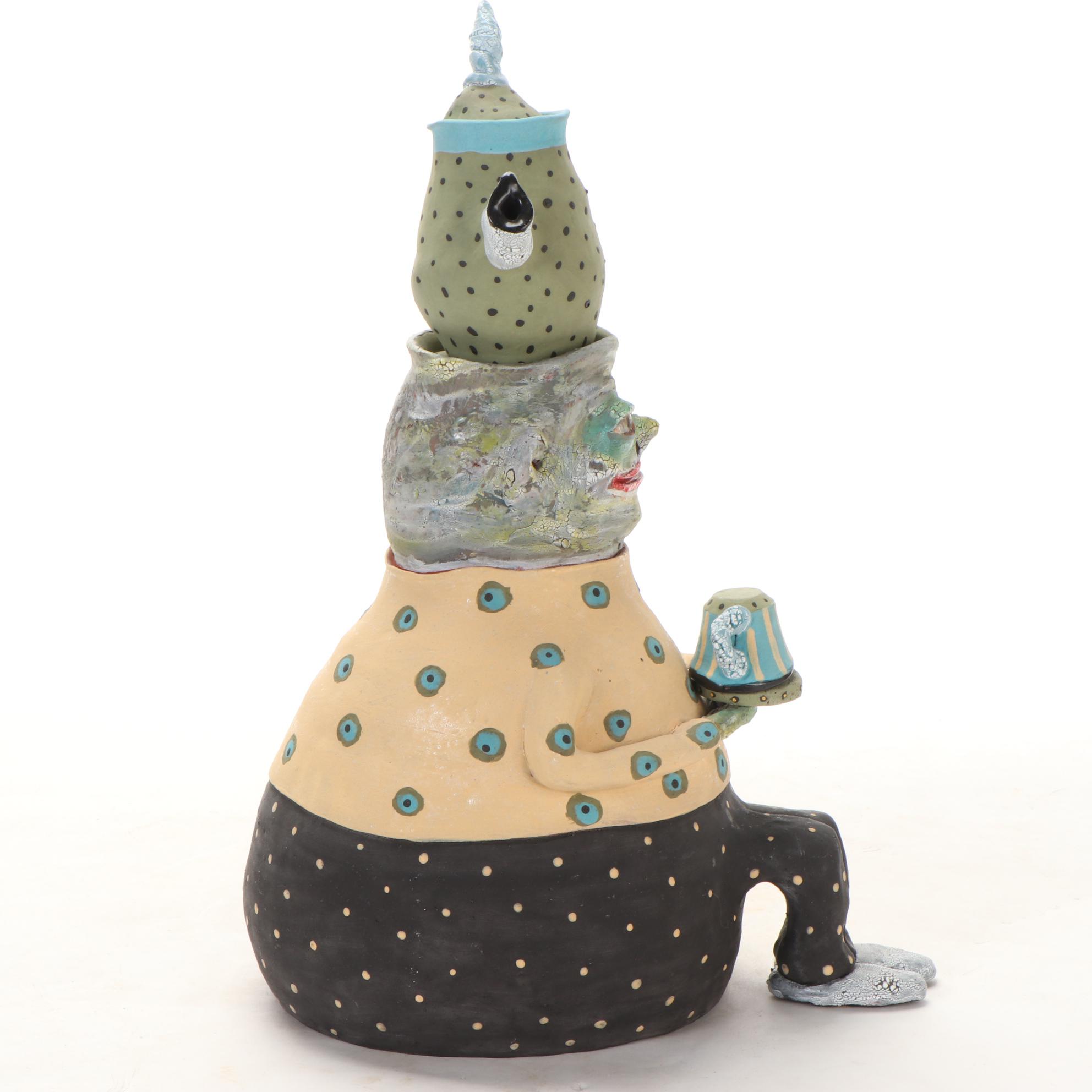 Deb Fleck-Stabley Glazed Terracotta Sculpture of Creature with Tea, 2001