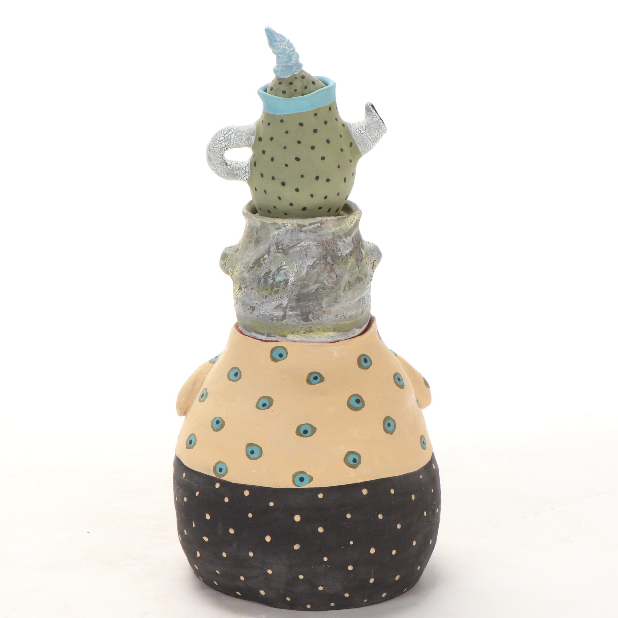 Deb Fleck-Stabley Glazed Terracotta Sculpture of Creature with Tea, 2001