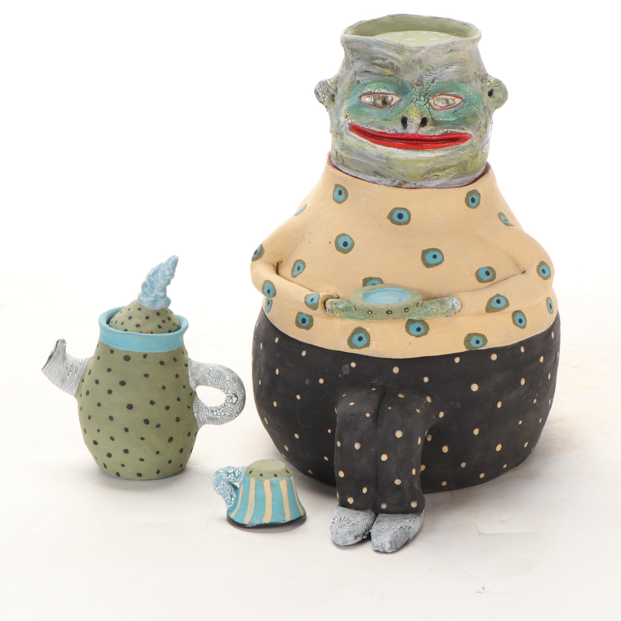 Deb Fleck-Stabley Glazed Terracotta Sculpture of Creature with Tea, 2001