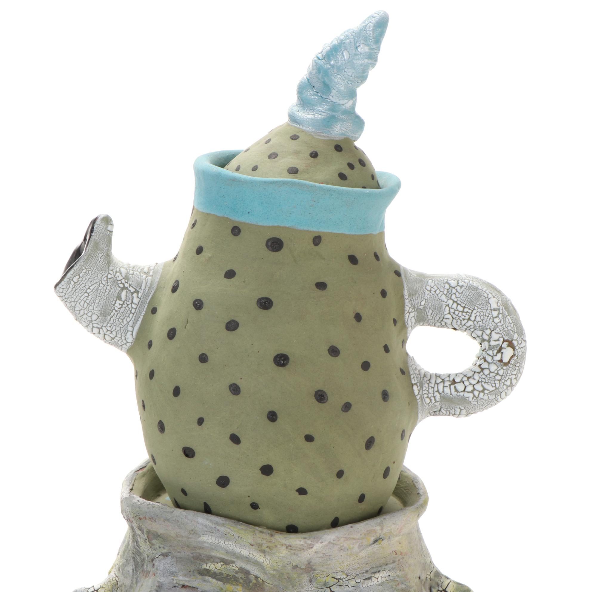 Deb Fleck-Stabley Glazed Terracotta Sculpture of Creature with Tea, 2001